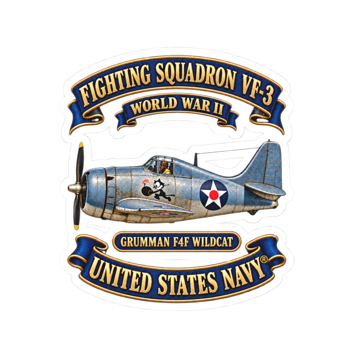 Kiss-Cut Stickers - NAVY - Fighting Squadron - VF 3 - WWII FELIX Insignia - Grumman F4F Wildcat - 3D - Enhanced