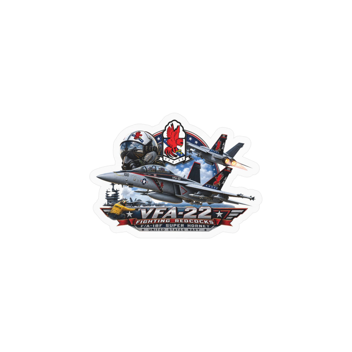 Kiss-Cut Vinyl Decal - Strike Fighter Squadron 22nd - AC - Fighting Redcocks - 3D - Enhanced