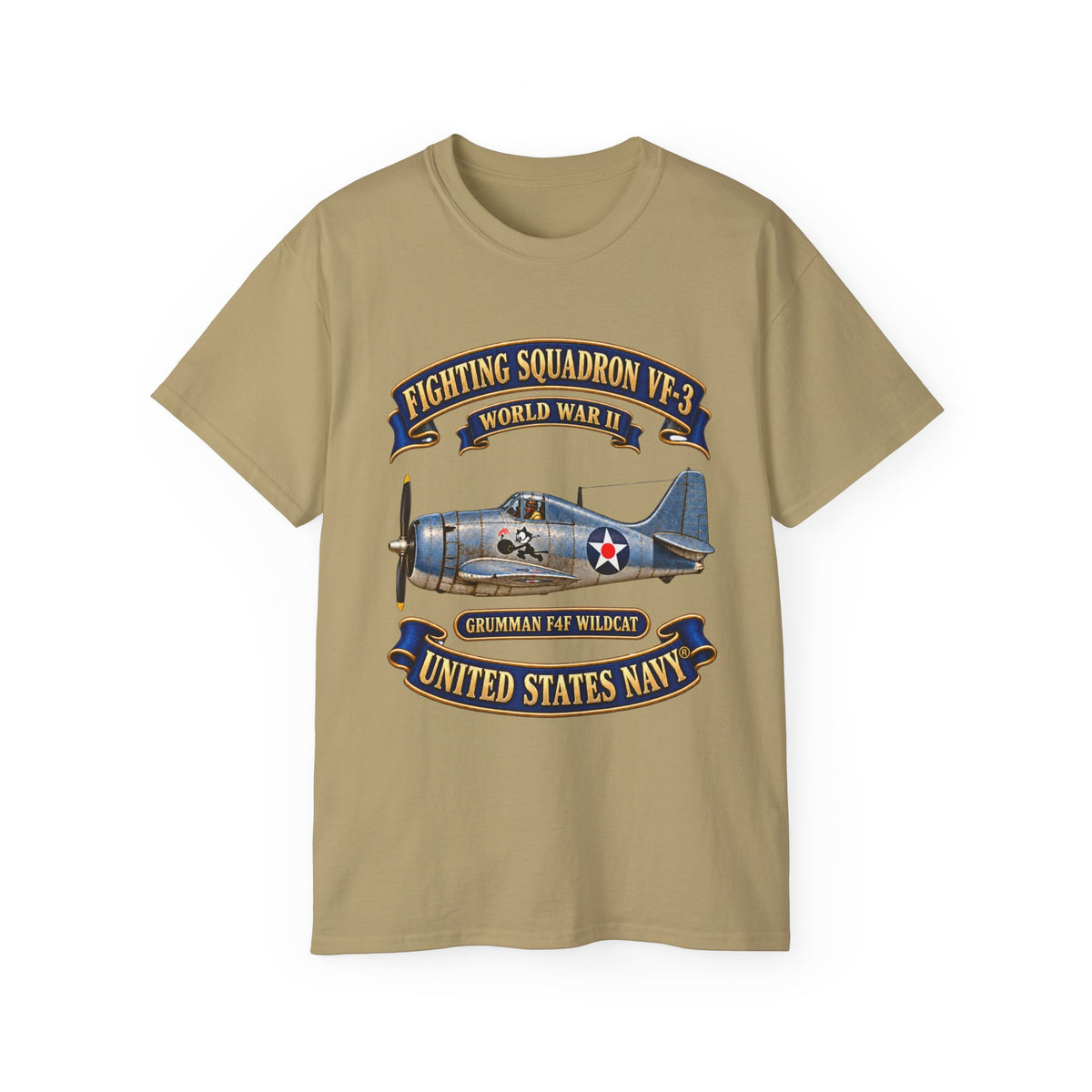 Unisex Ultra Cotton T-Shirt - NAVY - Fighting Squadron - VF 3 - WWII FELIX Insignia - Grumman F4F Wildcat - 3D - Enhanced
