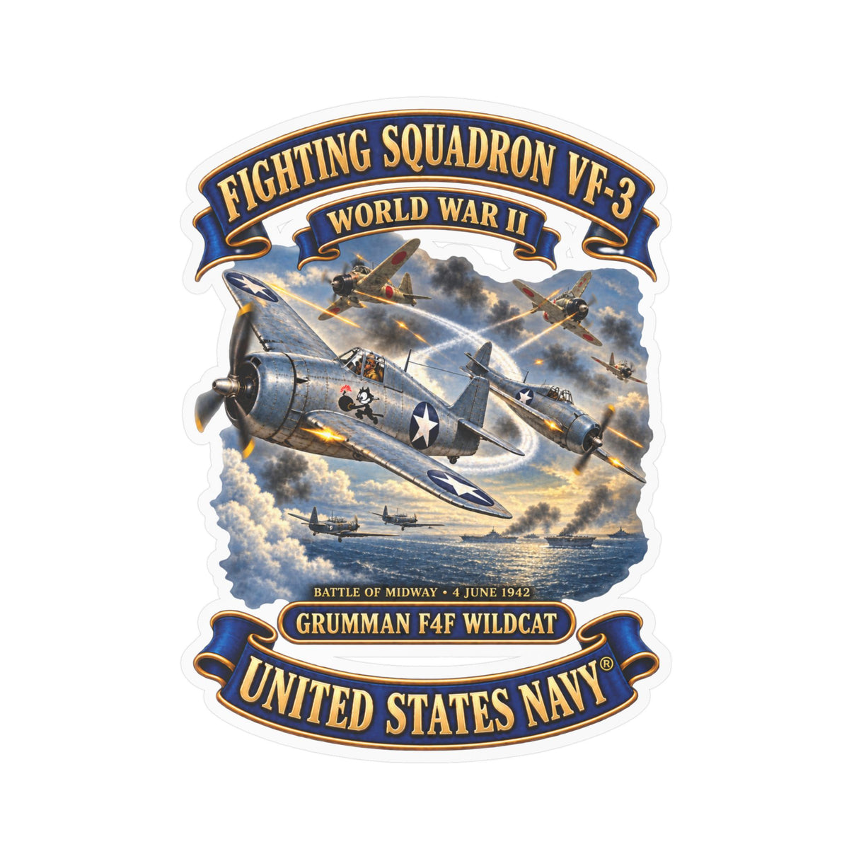 Kiss-Cut Vinyl Decal - Navy - Fighting Squadron - VF 3 - WWII - Grumman F4F Wildcats - Japanese Zeros - Battle of Midway - 3D - Enhanced