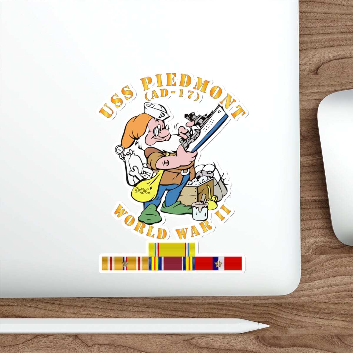 Die-Cut Vinyl Sticker - Navy - USS Piedmont (AD-17) w PAC SVC WWII