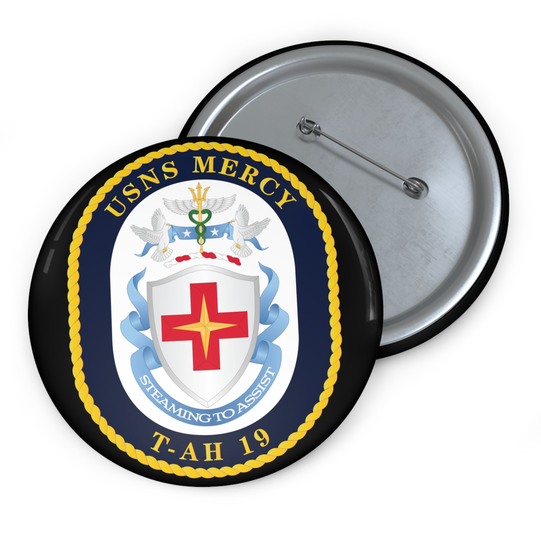 Custom Pin Button - Navy - USNS Mercy (T-AH-19) - Crest wo Txt