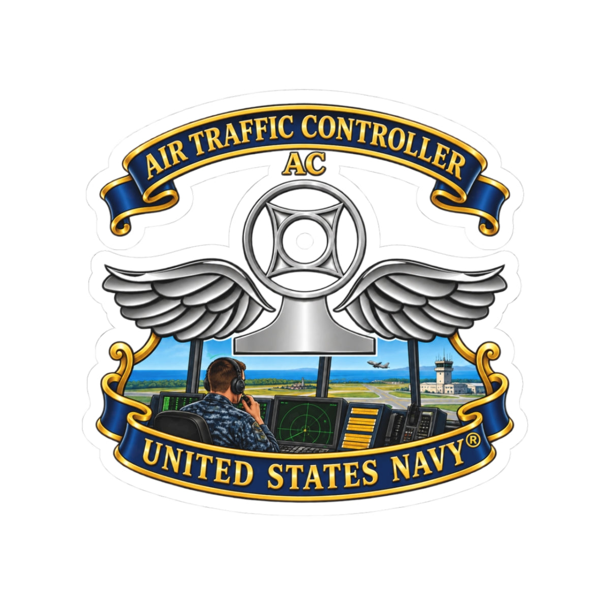 Kiss-Cut Stickers - Navy - Rate - Air Traffic Controller (AC) - with Scene - 3D - Enhanced