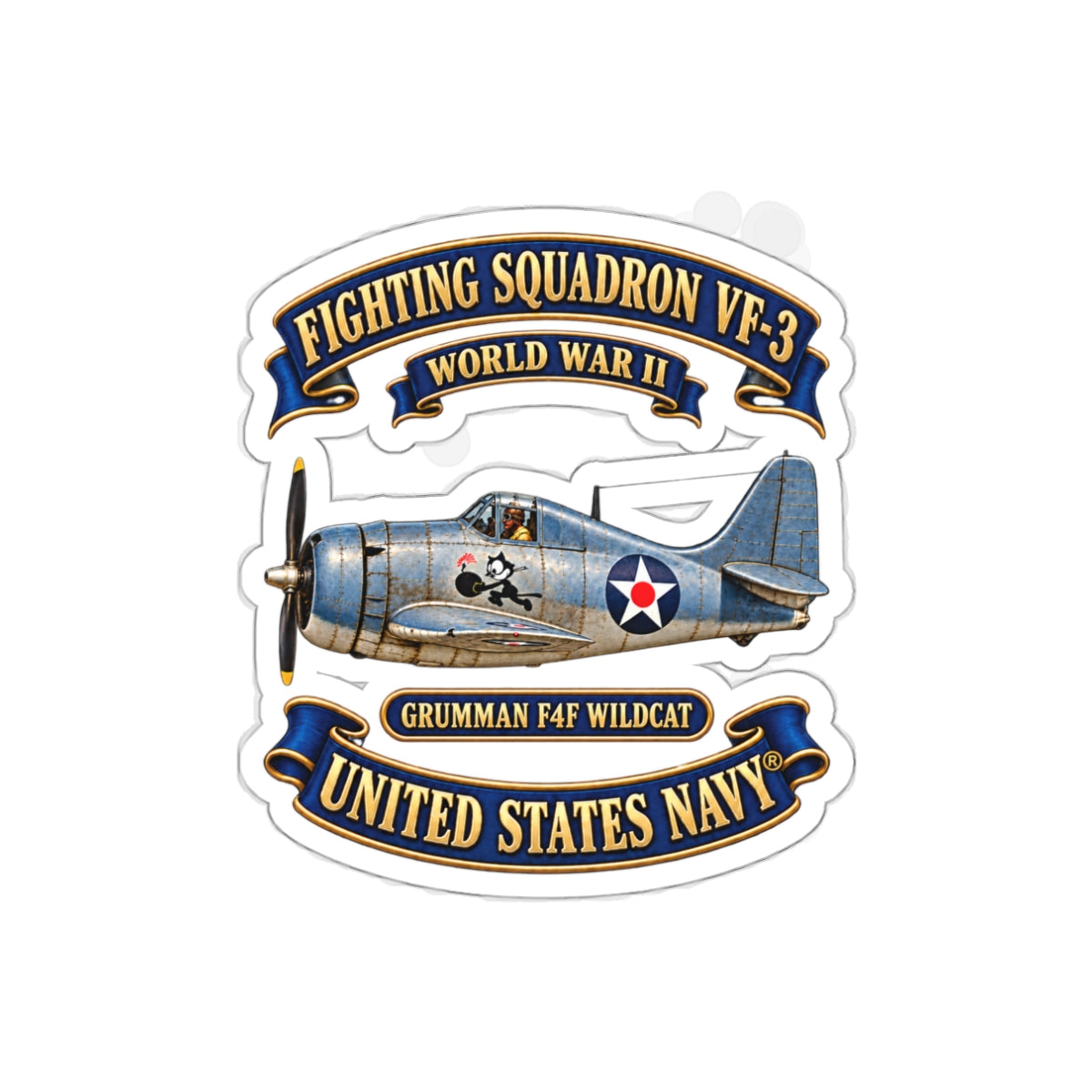 Die-Cut Vinyl Sticker - NAVY - Fighting Squadron - VF 3 - WWII FELIX Insignia - Grumman F4F Wildcat - 3D - Enhanced