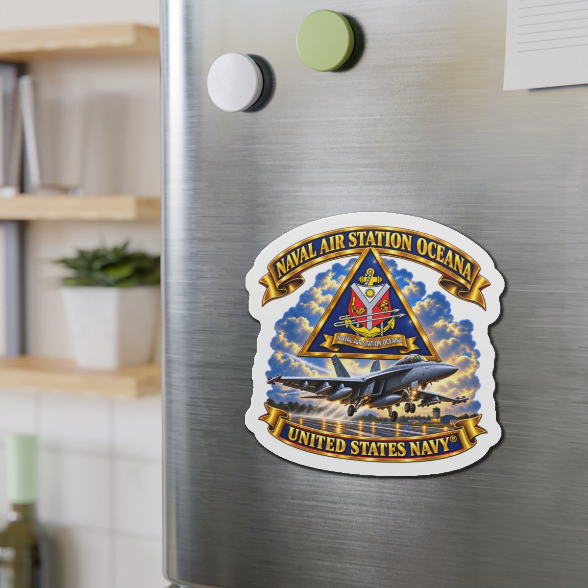 Die-Cut Magnet - Navy - Naval Air Station Oceana - Crest with Aircraft - United States Navy - 3D - Enhanced