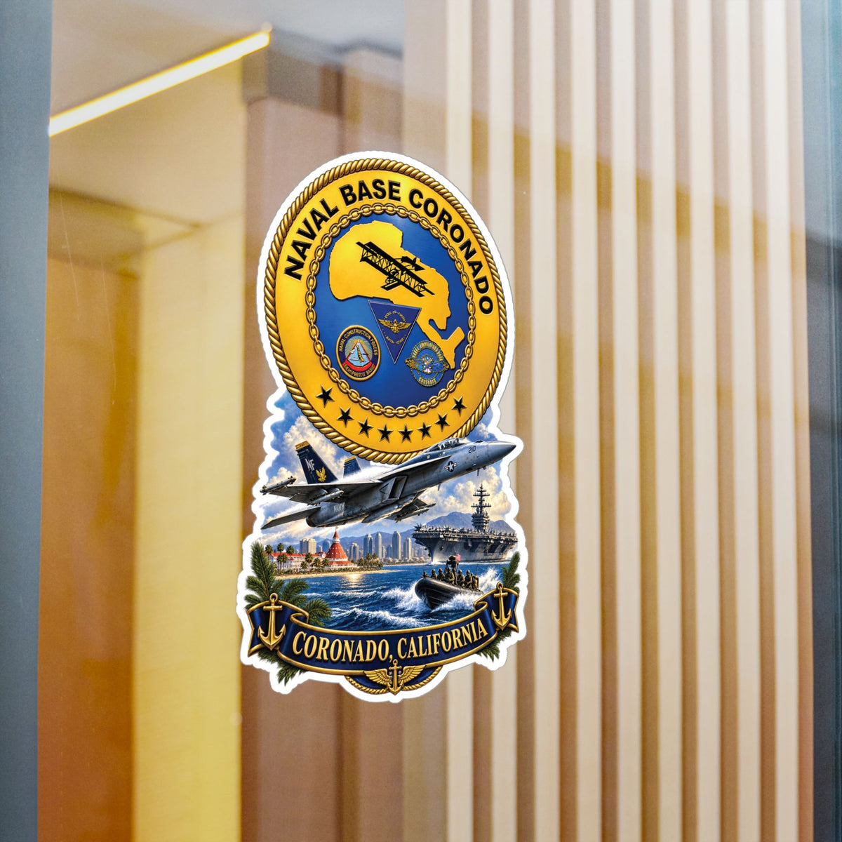 Kiss-Cut Vinyl Decal - NAVY - Naval Base Coronado - Crest w Scene - Coronado California - 3D - Enhanced