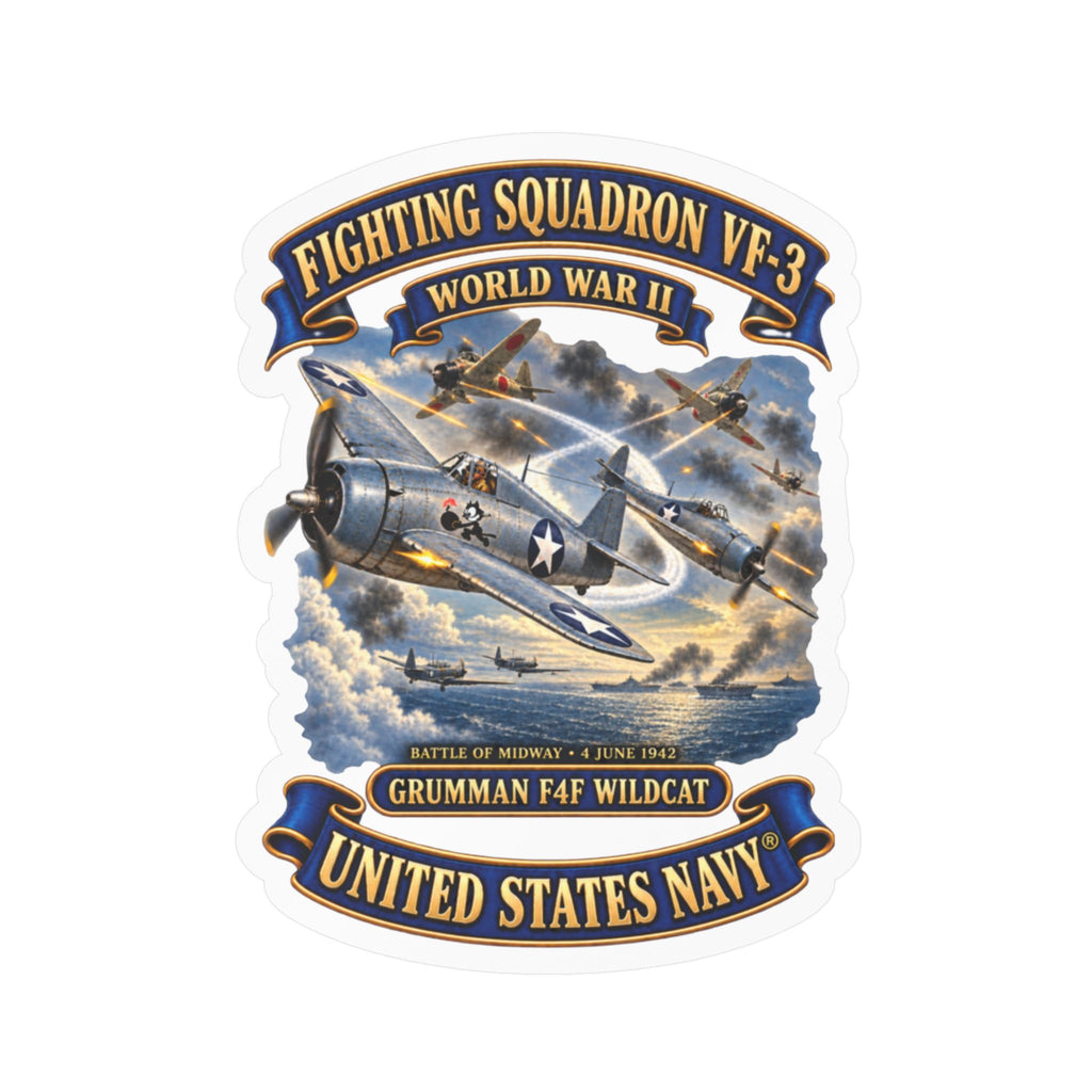 Kiss-Cut Vinyl Decal - Navy - Fighting Squadron - VF 3 - WWII - Grumman F4F Wildcats - Japanese Zeros - Battle of Midway - 3D - Enhanced