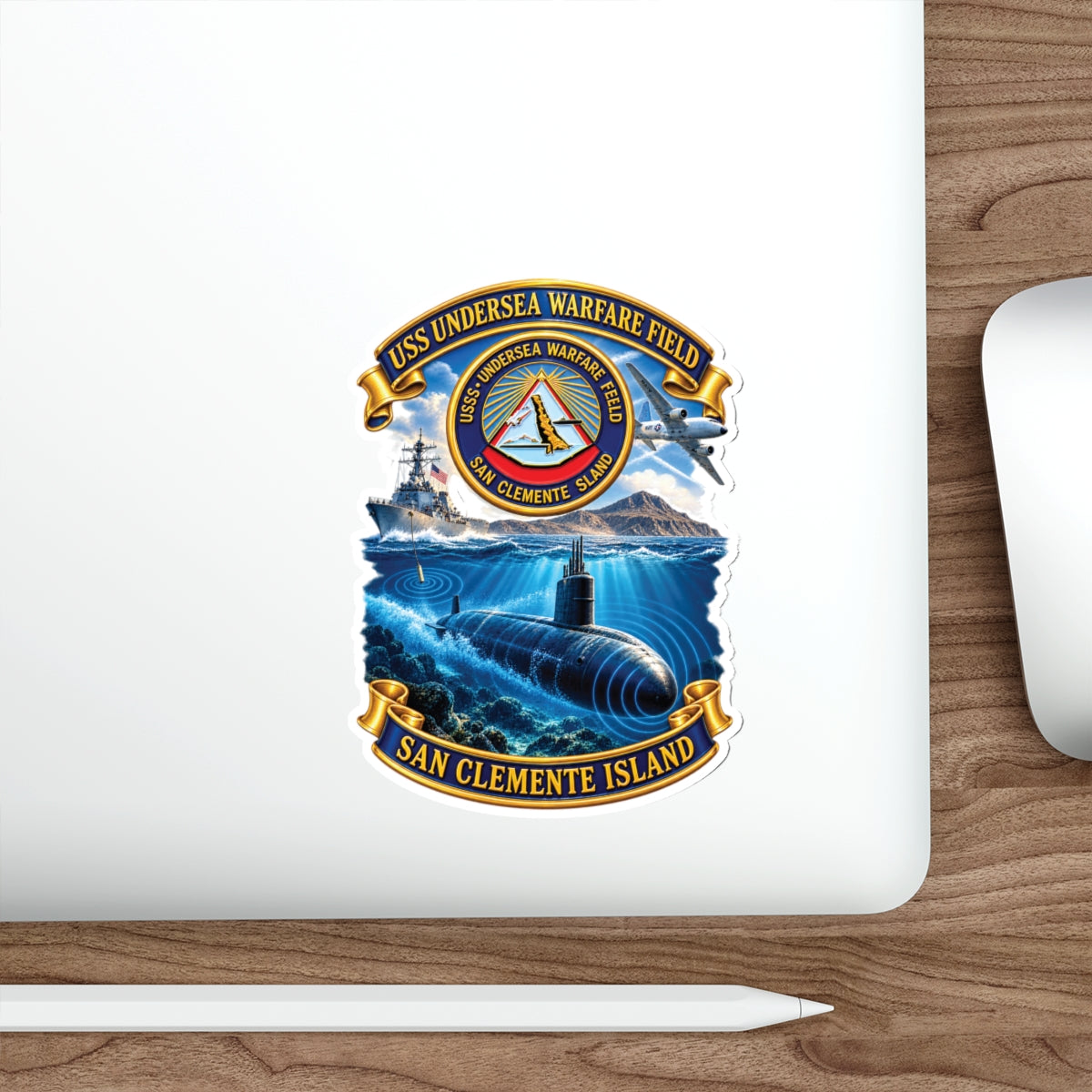 Die-Cut Vinyl Sticker - NAVY - USS Undersea Warfare Field - San Clemente Island - Crest - w scene - 3D - Enhanced