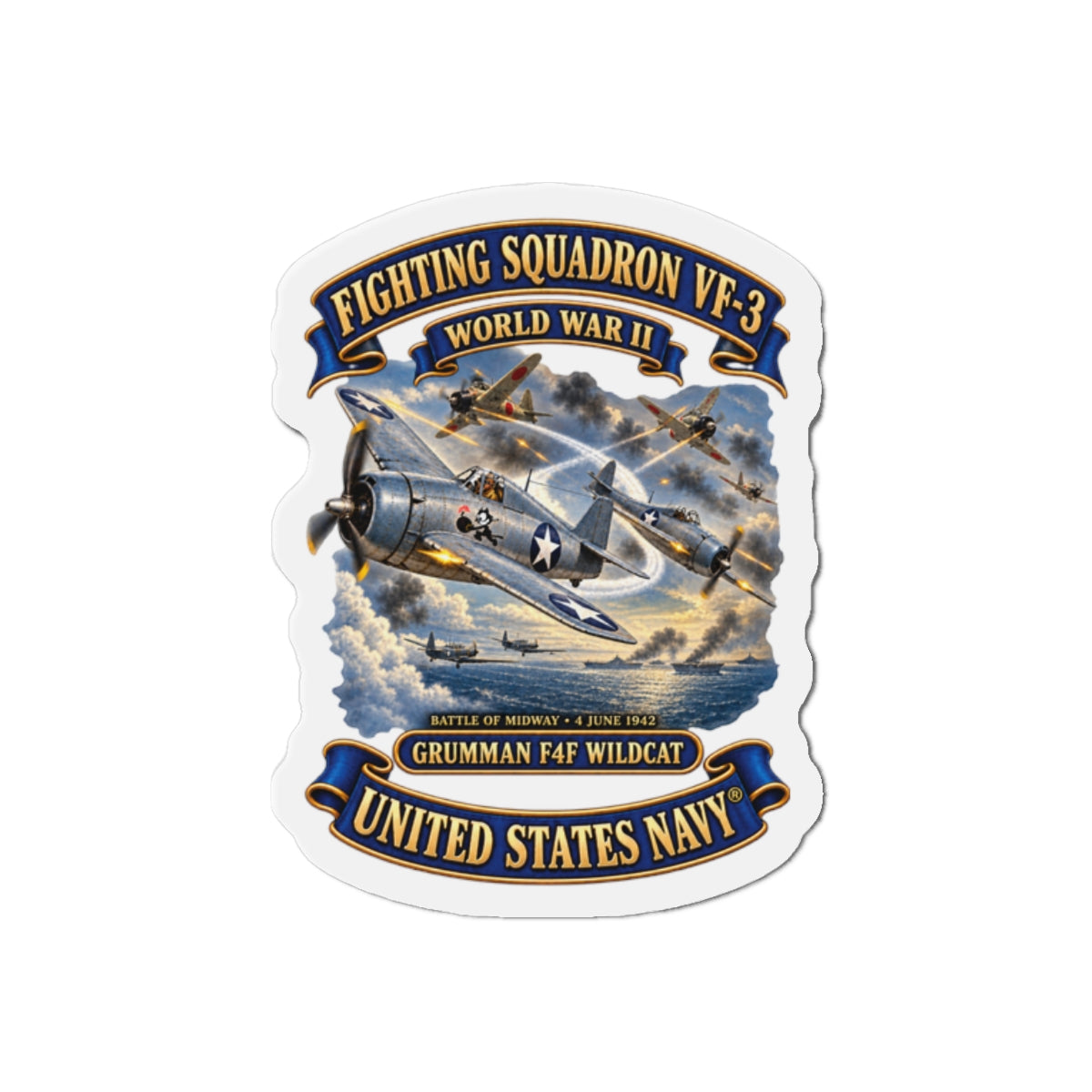 Die-Cut Magnet - Navy - Fighting Squadron - VF 3 - WWII - Grumman F4F Wildcats - Japanese Zeros - Battle of Midway - 3D - Enhanced