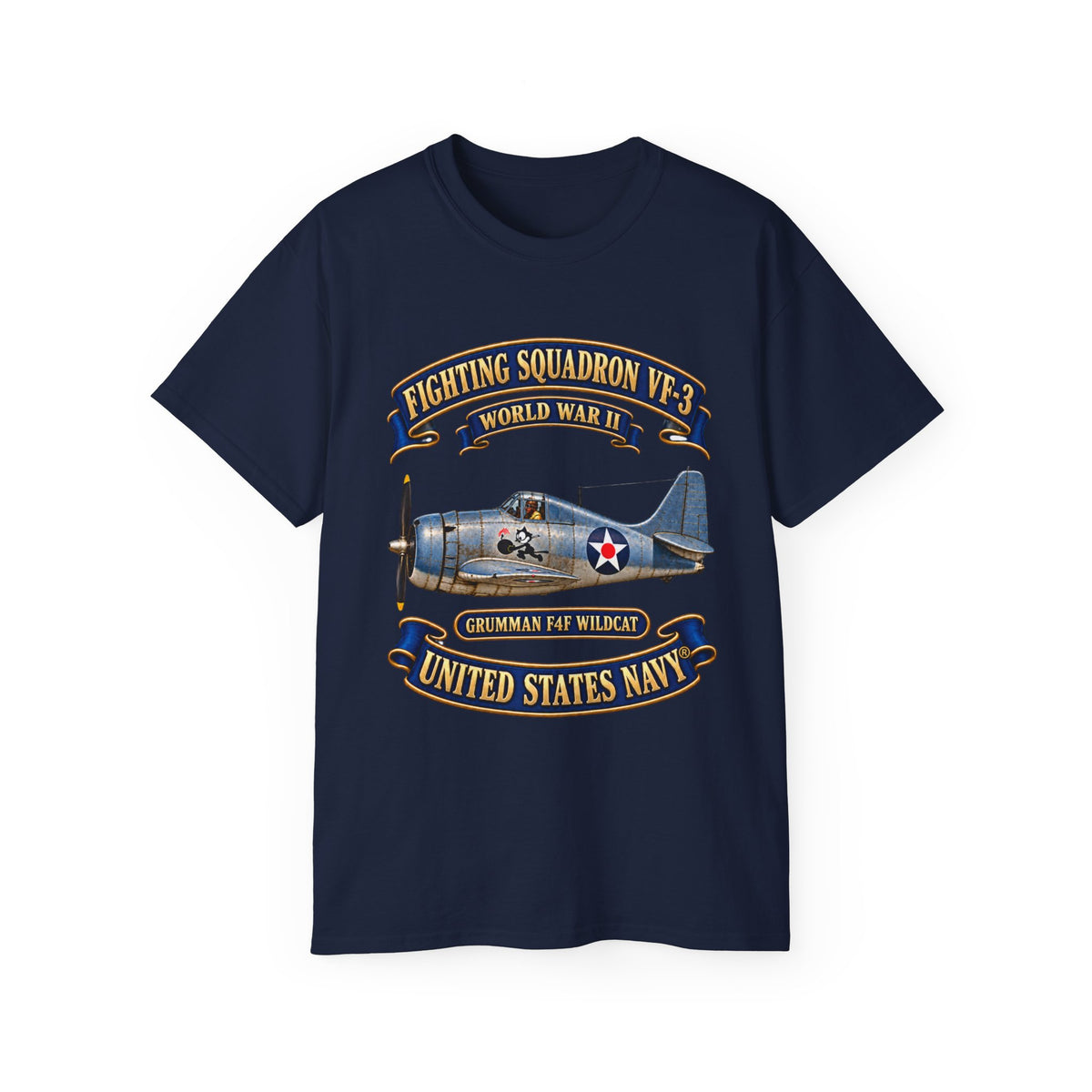 Unisex Ultra Cotton T-Shirt - NAVY - Fighting Squadron - VF 3 - WWII FELIX Insignia - Grumman F4F Wildcat - 3D - Enhanced