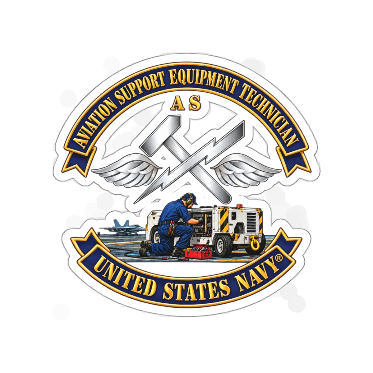 Die-Cut Vinyl Sticker - Navy - Rate - Aviation Support Equipment Technician (AS) with Scene - 3D - Enhanced