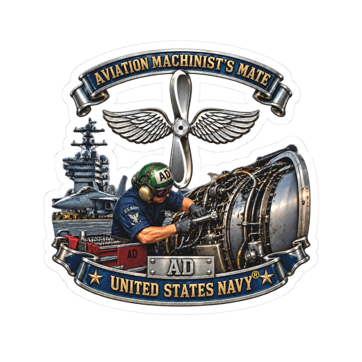 Kiss-Cut Stickers - Navy - Rate - Aviation Machinists Mate Br with Scene - 3D - Enhanced