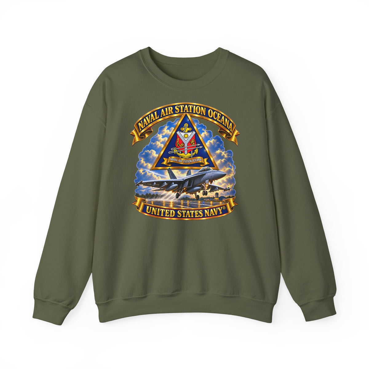 Unisex Heavy Blend™ Crewneck Sweatshirt -  Navy - Naval Air Station Oceana - Crest with Aircraft - United States Navy - 3D - Enhanced