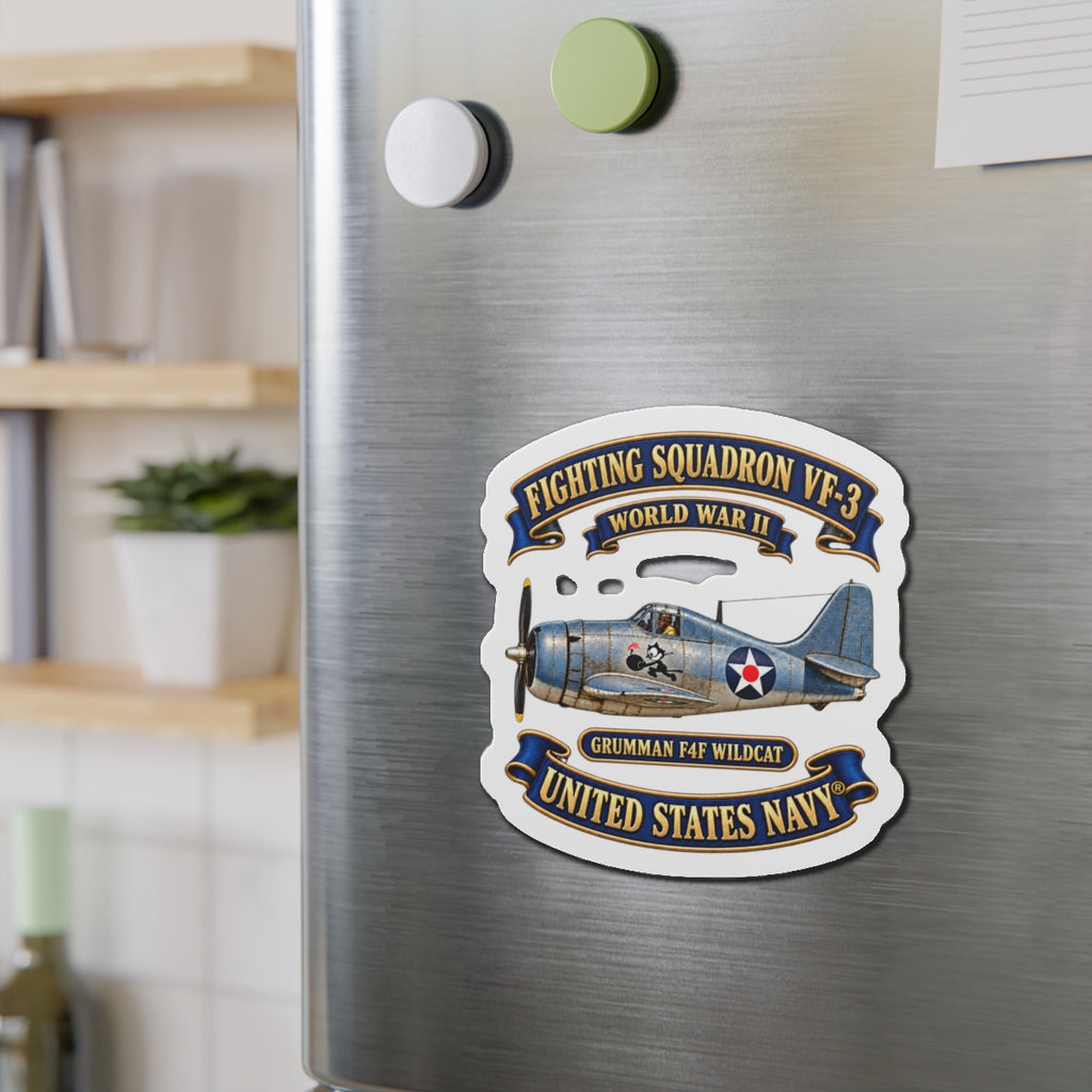 Die-Cut Magnet - NAVY - Fighting Squadron - VF 3 - WWII FELIX Insignia - Grumman F4F Wildcat - 3D - Enhanced