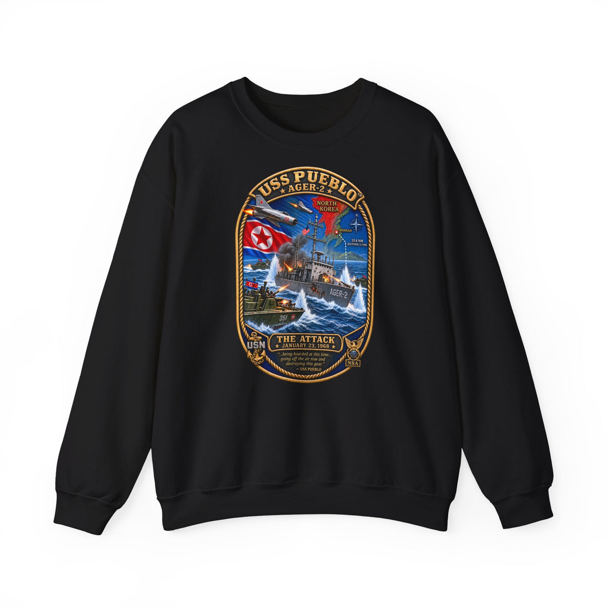 Unisex Heavy Blend™ Crewneck Sweatshirt -  Navy - USS Pueblo Attack-Defense Commemorative Patch - 3D - Enhanced