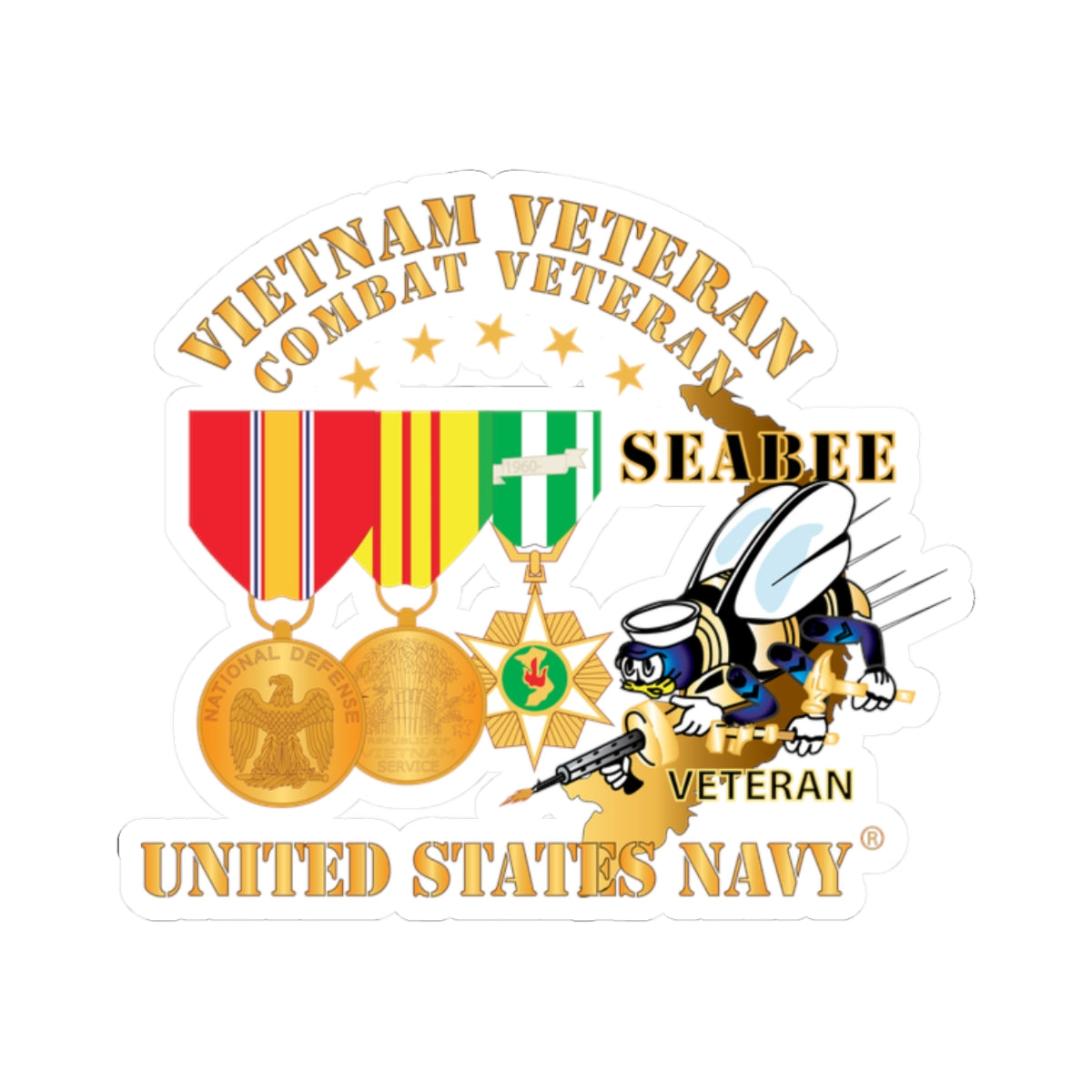 Kiss-Cut Stickers - Navy - Vietnam  Veteran - w Medals - VN - Seabee