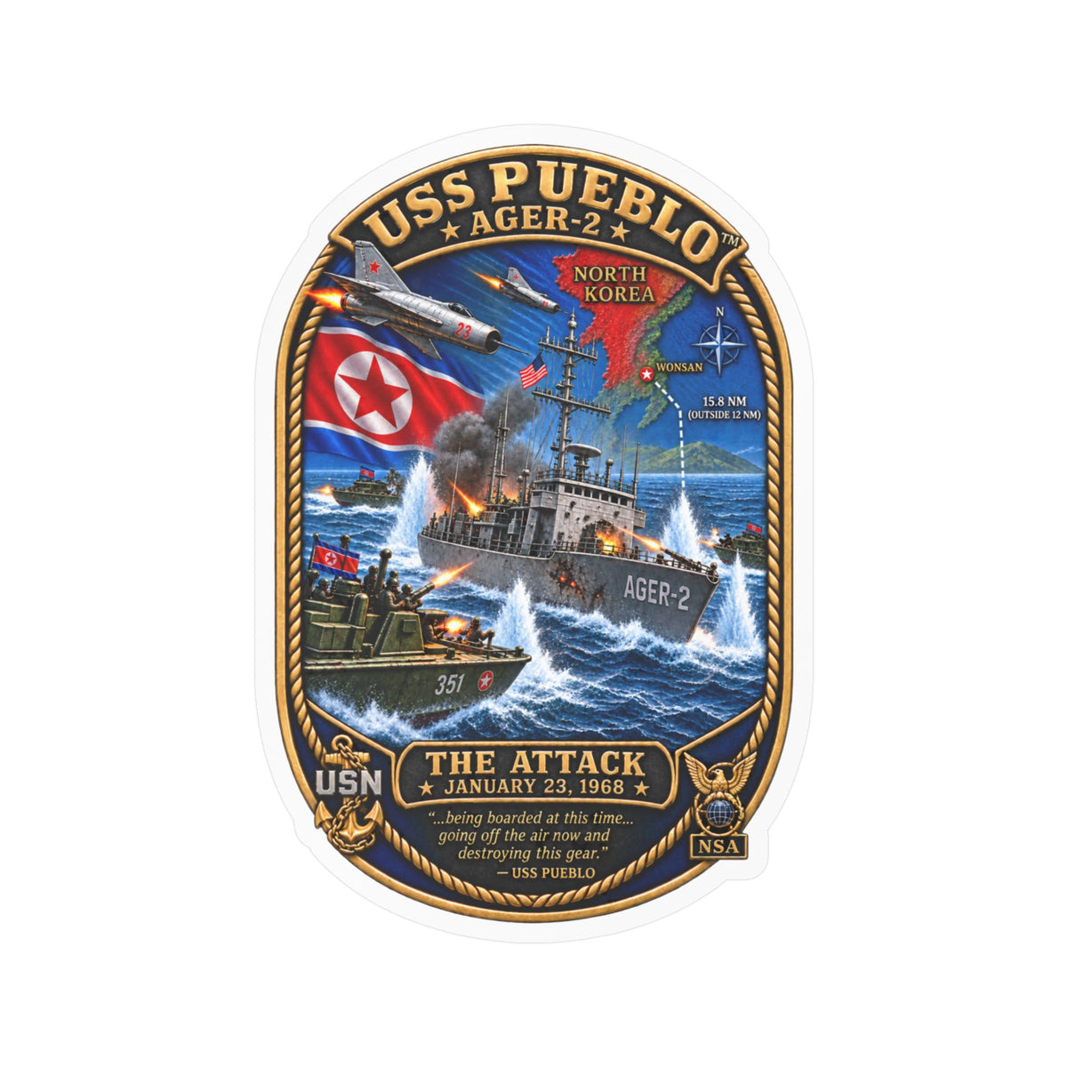 Kiss-Cut Vinyl Decal - Navy - USS Pueblo Attack-Defense Commemorative Patch - 3D - Enhanced