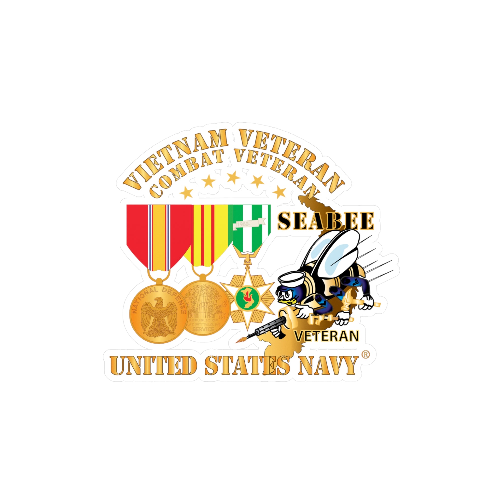 Kiss-Cut Vinyl Decal - Navy - Vietnam  Veteran - w Medals - VN - Seabee