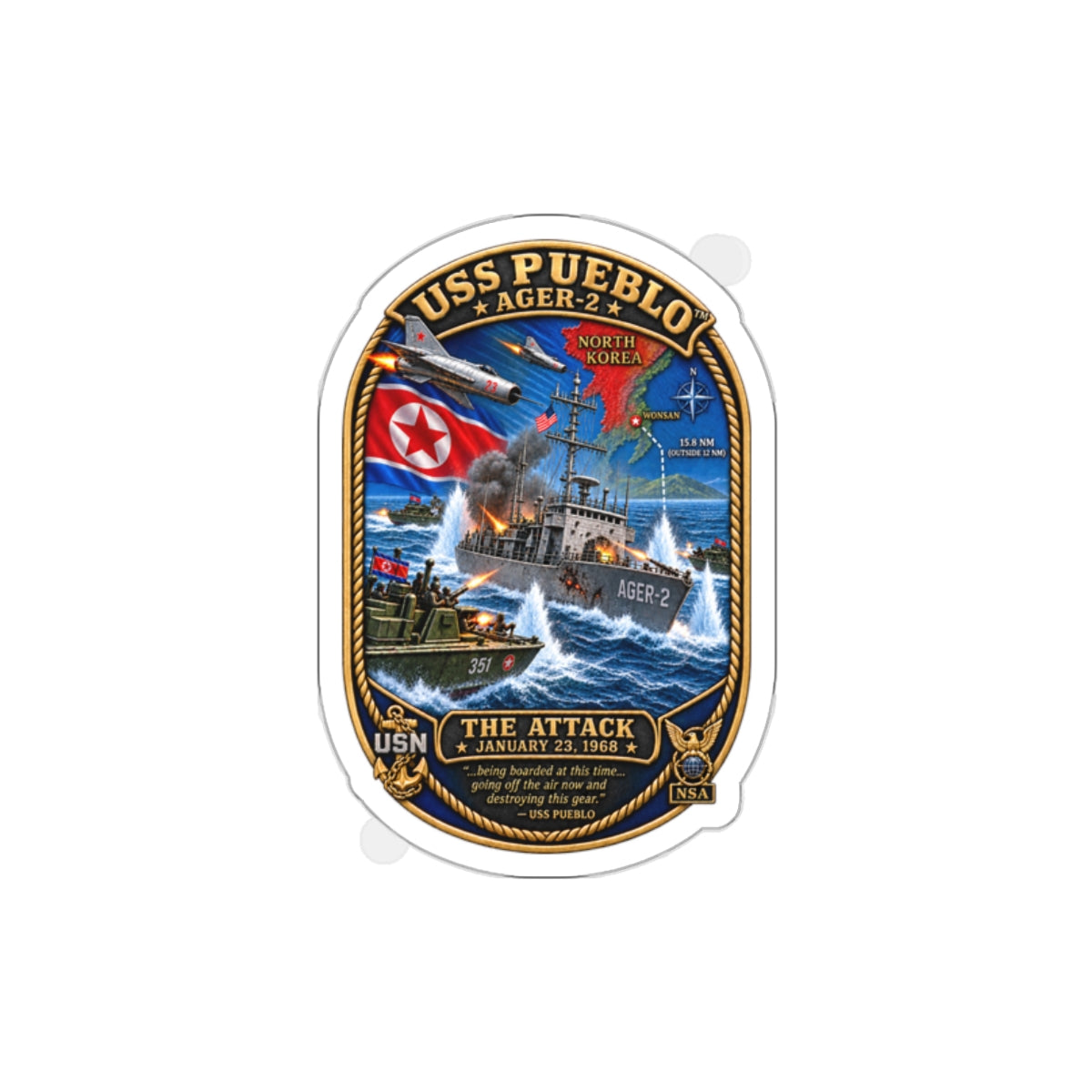 Die-Cut Vinyl Sticker - Navy - USS Pueblo Attack-Defense Commemorative Patch - 3D - Enhanced