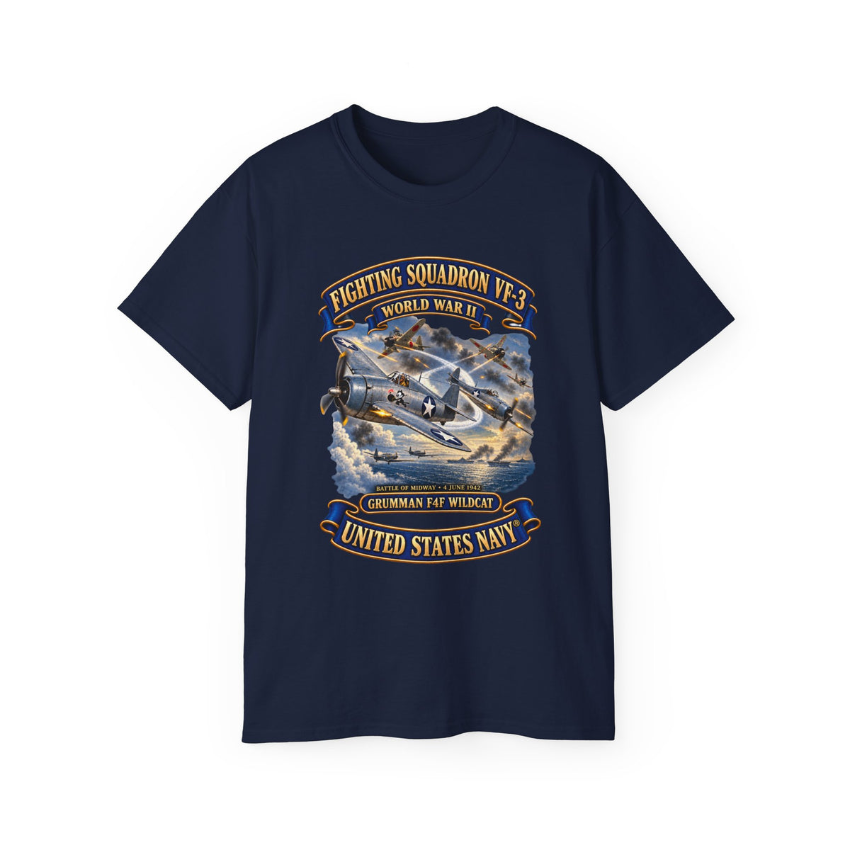 Unisex Ultra Cotton T-Shirt - Navy - Fighting Squadron - VF 3 - WWII - Grumman F4F Wildcats - Japanese Zeros - Battle of Midway - 3D - Enhanced