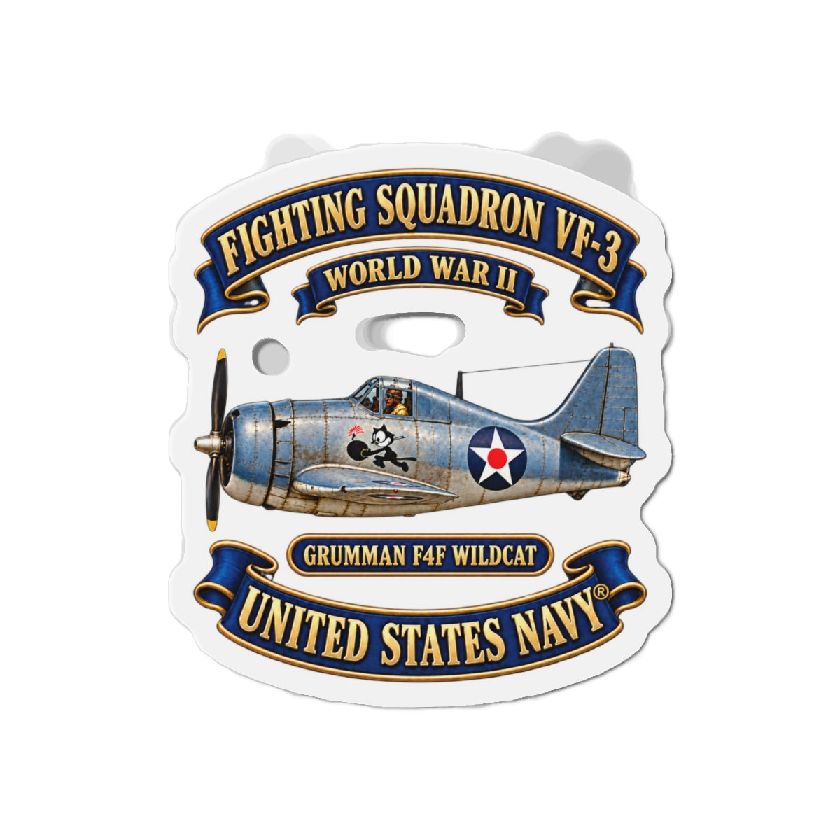 Die-Cut Magnet - NAVY - Fighting Squadron - VF 3 - WWII FELIX Insignia - Grumman F4F Wildcat - 3D - Enhanced