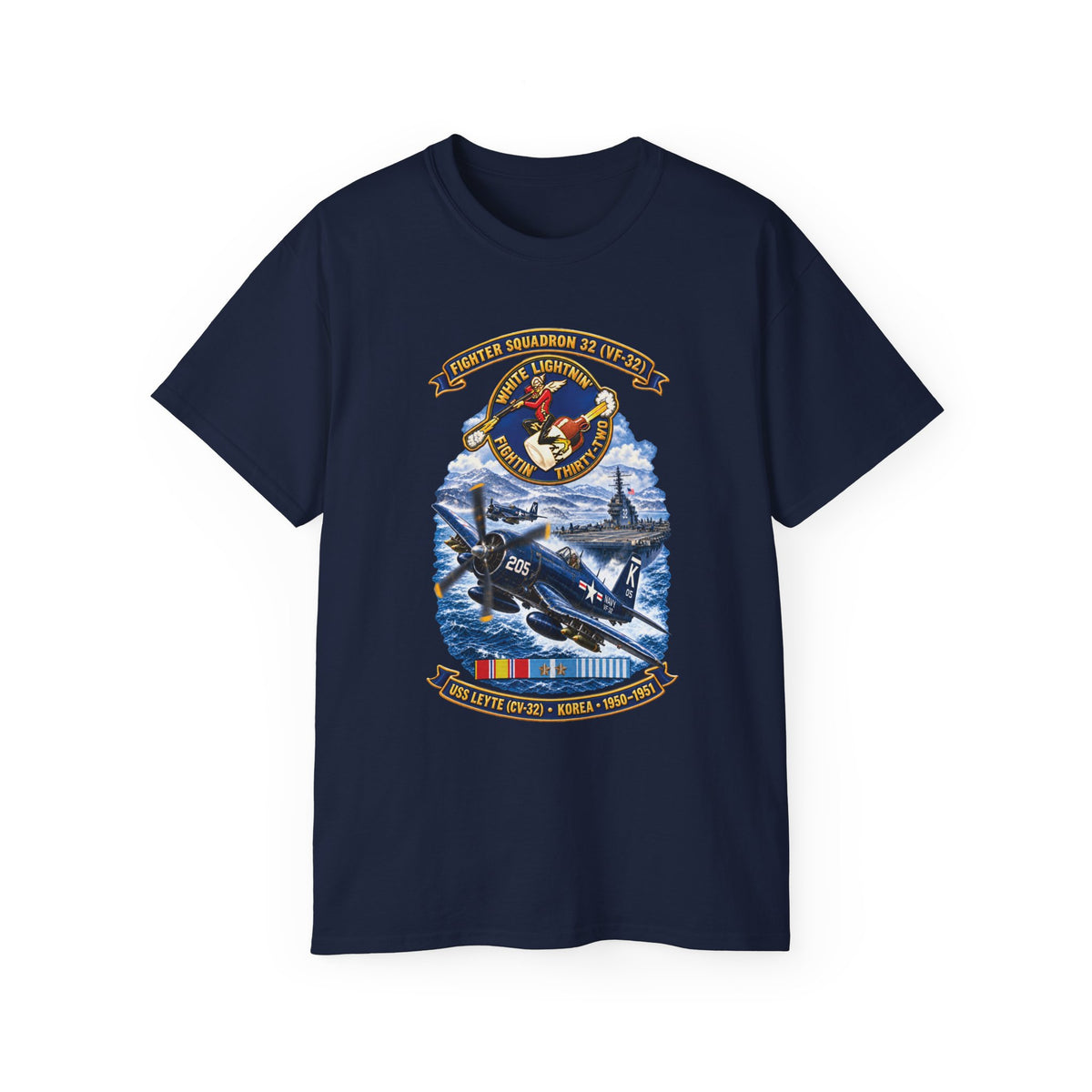 Unisex Ultra Cotton T-Shirt - NAVY - VF 32  -White Lightnin - Fightin 32 - SSI - USS Leyte (CV32) - F4U-4 Corsair - Korea - 1950-1951- 3D - Enhanced