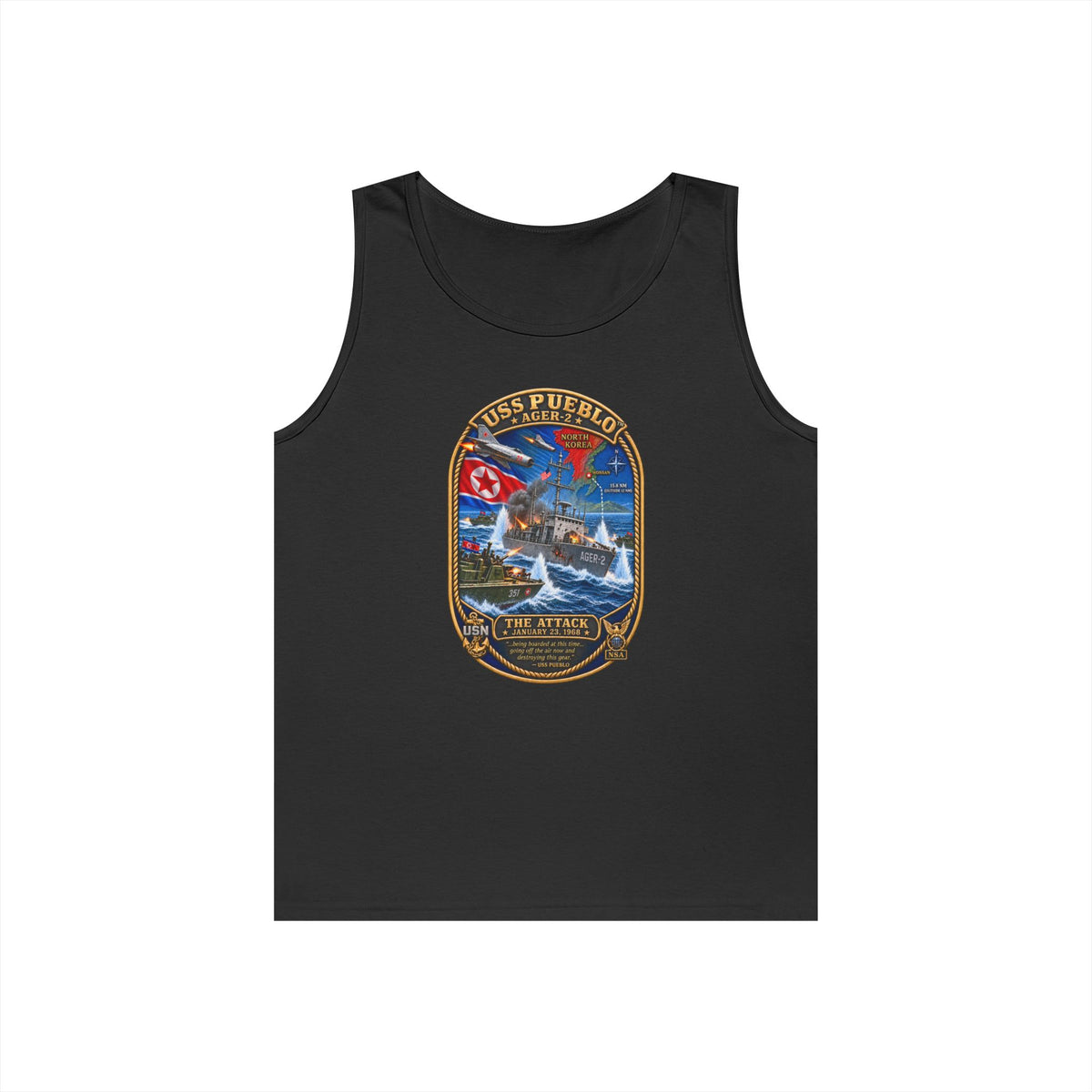 Unisex Heavy Cotton Tank Top - Navy - USS Pueblo Attack-Defense Commemorative Patch - 3D - Enhanced