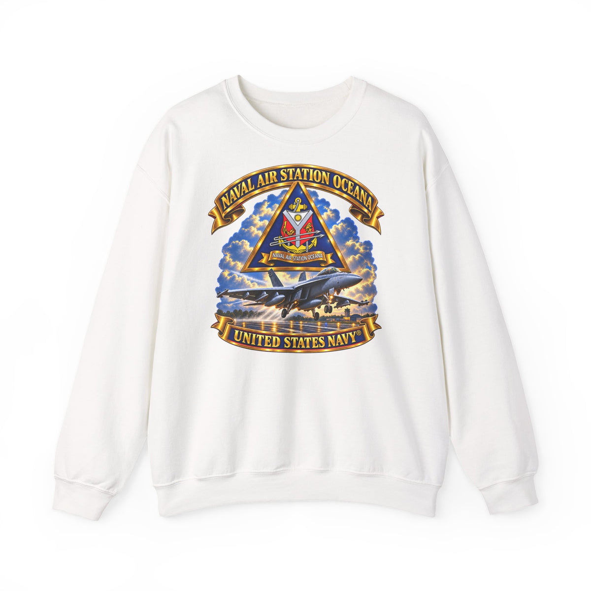 Unisex Heavy Blend™ Crewneck Sweatshirt -  Navy - Naval Air Station Oceana - Crest with Aircraft - United States Navy - 3D - Enhanced