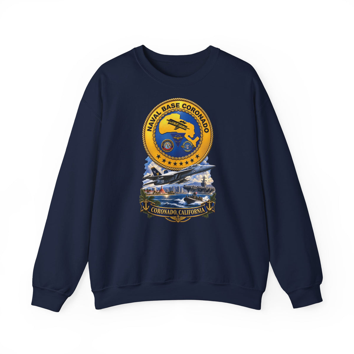 Unisex Heavy Blend™ Crewneck Sweatshirt - NAVY - Naval Base Coronado - Crest w Scene - Coronado California - 3D - Enhanced