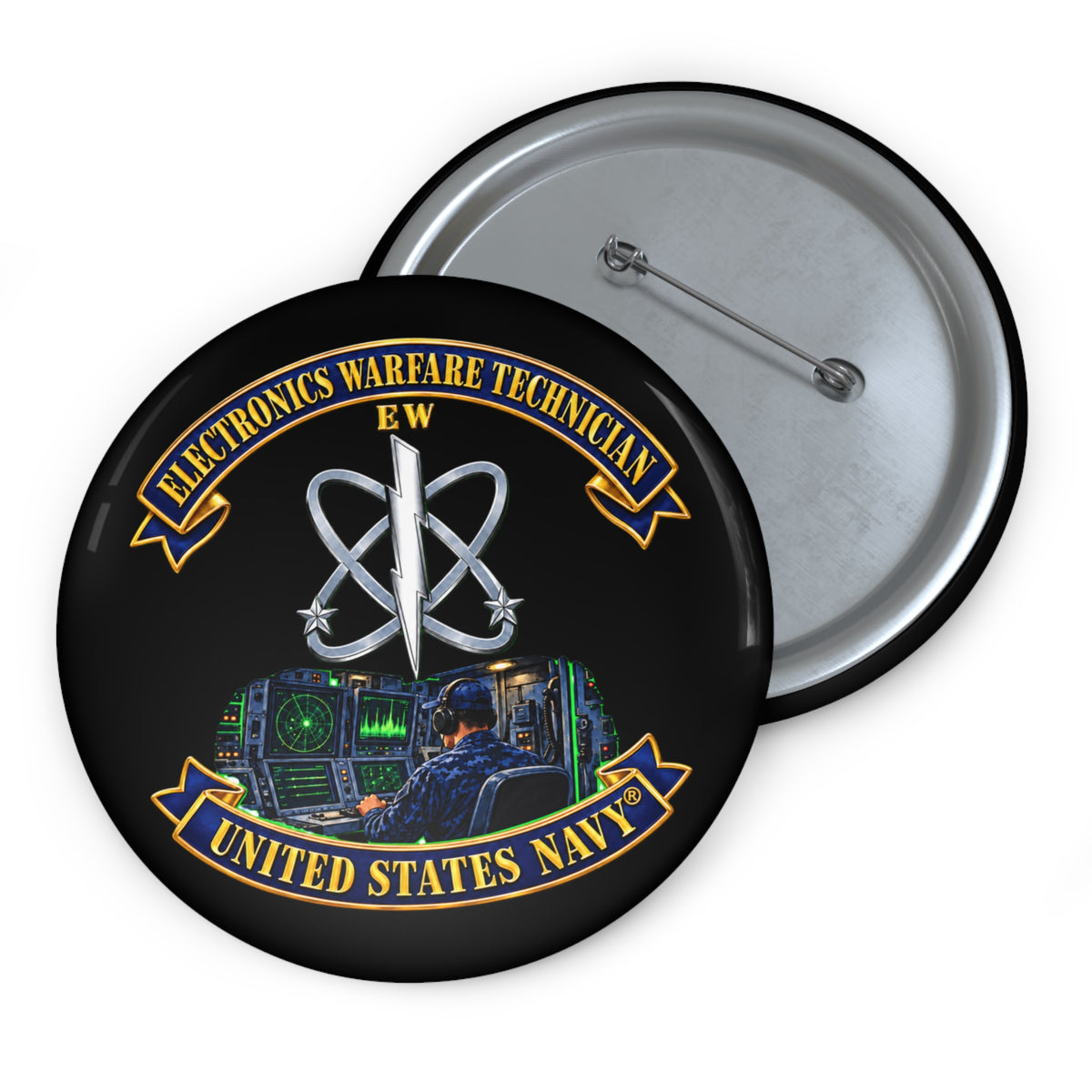Pin Button - Navy - Rate - Electronics Warfare Technician with Scene - 3D - Enhanced