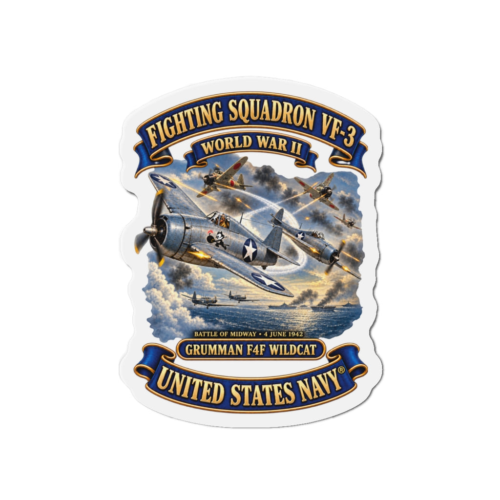Die-Cut Magnet - Navy - Fighting Squadron - VF 3 - WWII - Grumman F4F Wildcats - Japanese Zeros - Battle of Midway - 3D - Enhanced