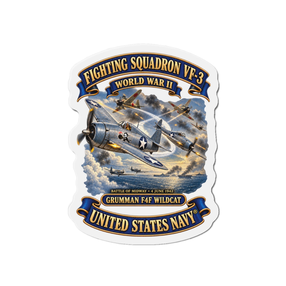Die-Cut Magnet - Navy - Fighting Squadron - VF 3 - WWII - Grumman F4F Wildcats - Japanese Zeros - Battle of Midway - 3D - Enhanced