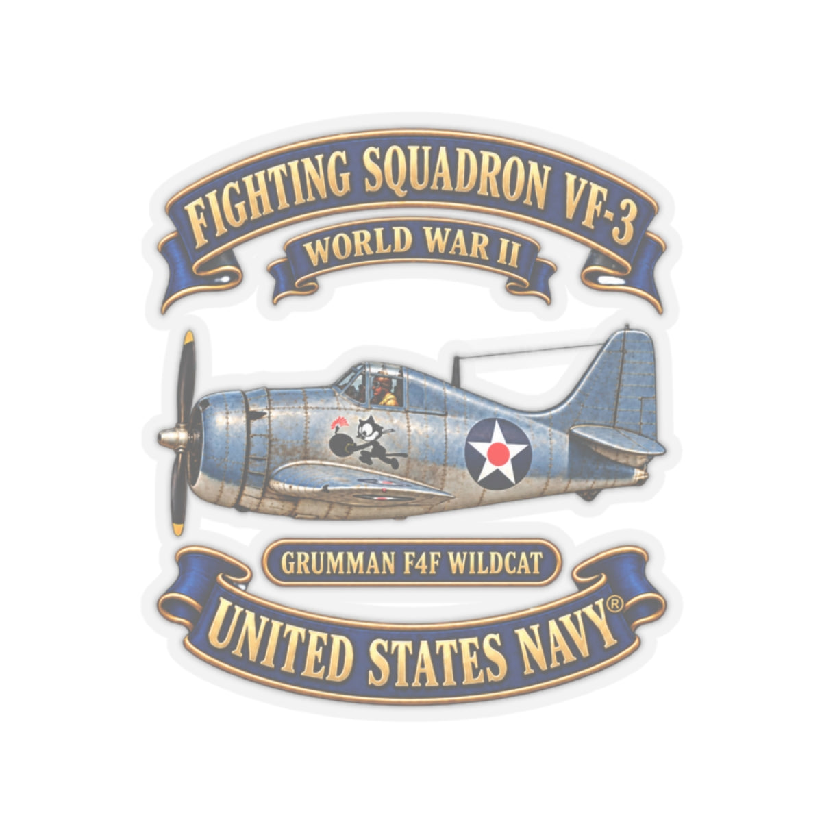 Kiss-Cut Stickers - NAVY - Fighting Squadron - VF 3 - WWII FELIX Insignia - Grumman F4F Wildcat - 3D - Enhanced