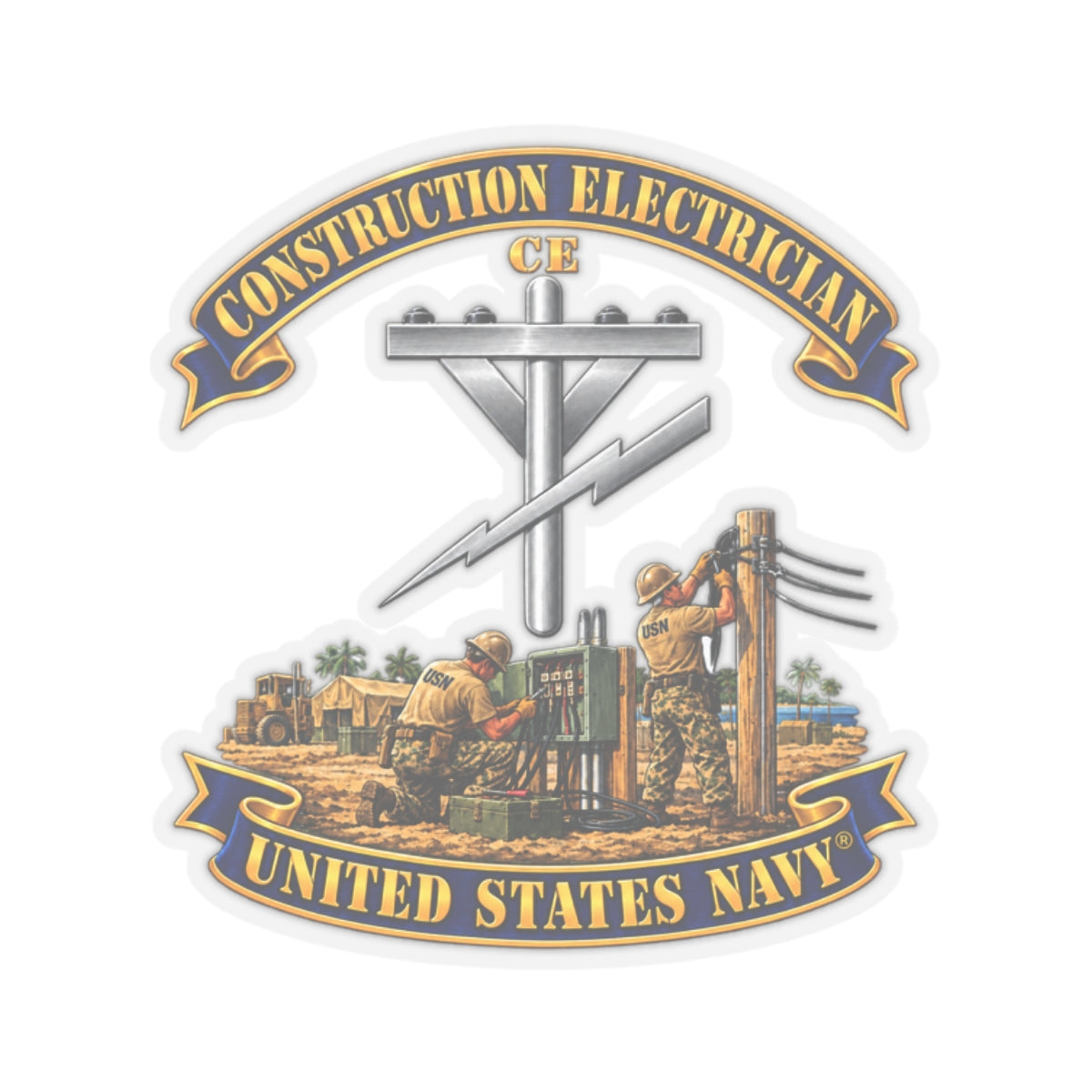 Kiss-Cut Stickers - Navy - Rate - Construction Electrician (CE) with Scene - 3D - Enhanced