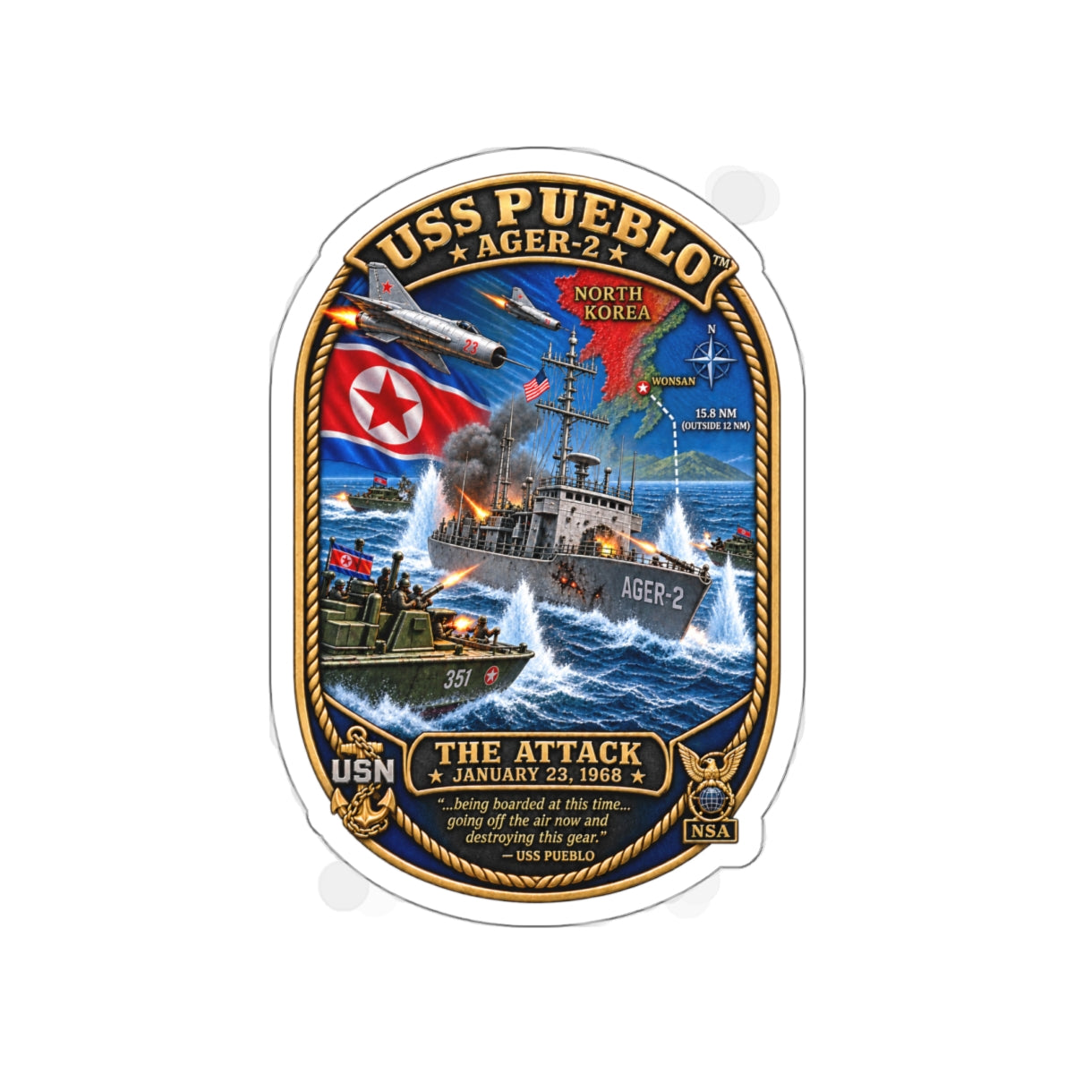 Die-Cut Vinyl Sticker - Navy - USS Pueblo Attack-Defense Commemorative Patch - 3D - Enhanced