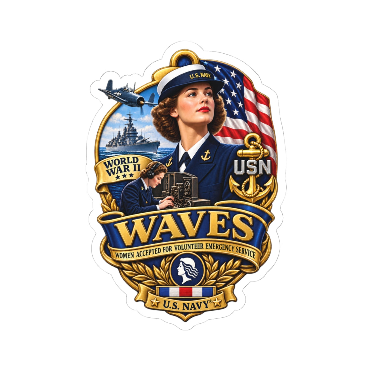 Kiss-Cut Stickers - WAVES - Women Accepted for Volunteer Emergency Service WWII - 3D - Enhanced