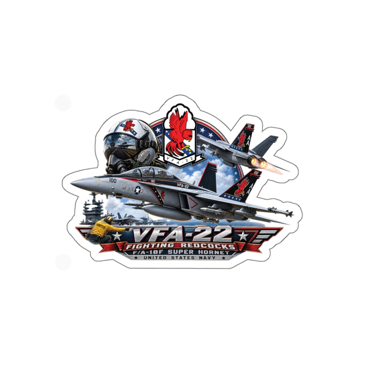 Die-Cut Vinyl Sticker - Strike Fighter Squadron 22nd - AC - Fighting Redcocks - 3D - Enhanced