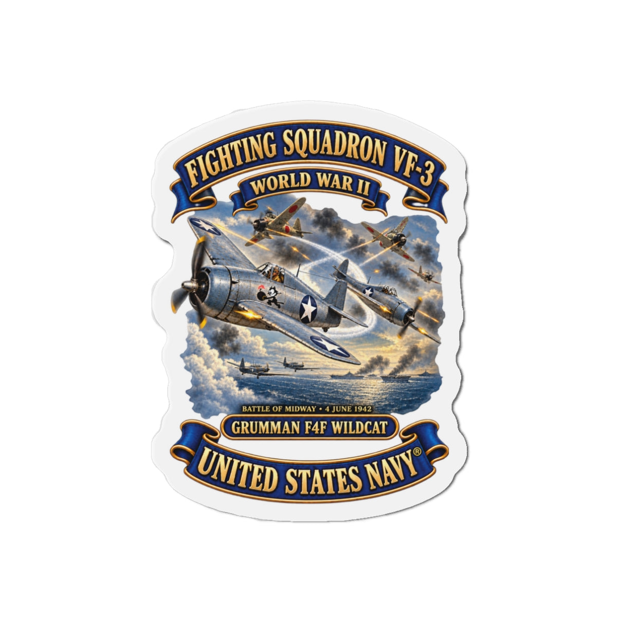 Die-Cut Magnet - Navy - Fighting Squadron - VF 3 - WWII - Grumman F4F Wildcats - Japanese Zeros - Battle of Midway - 3D - Enhanced