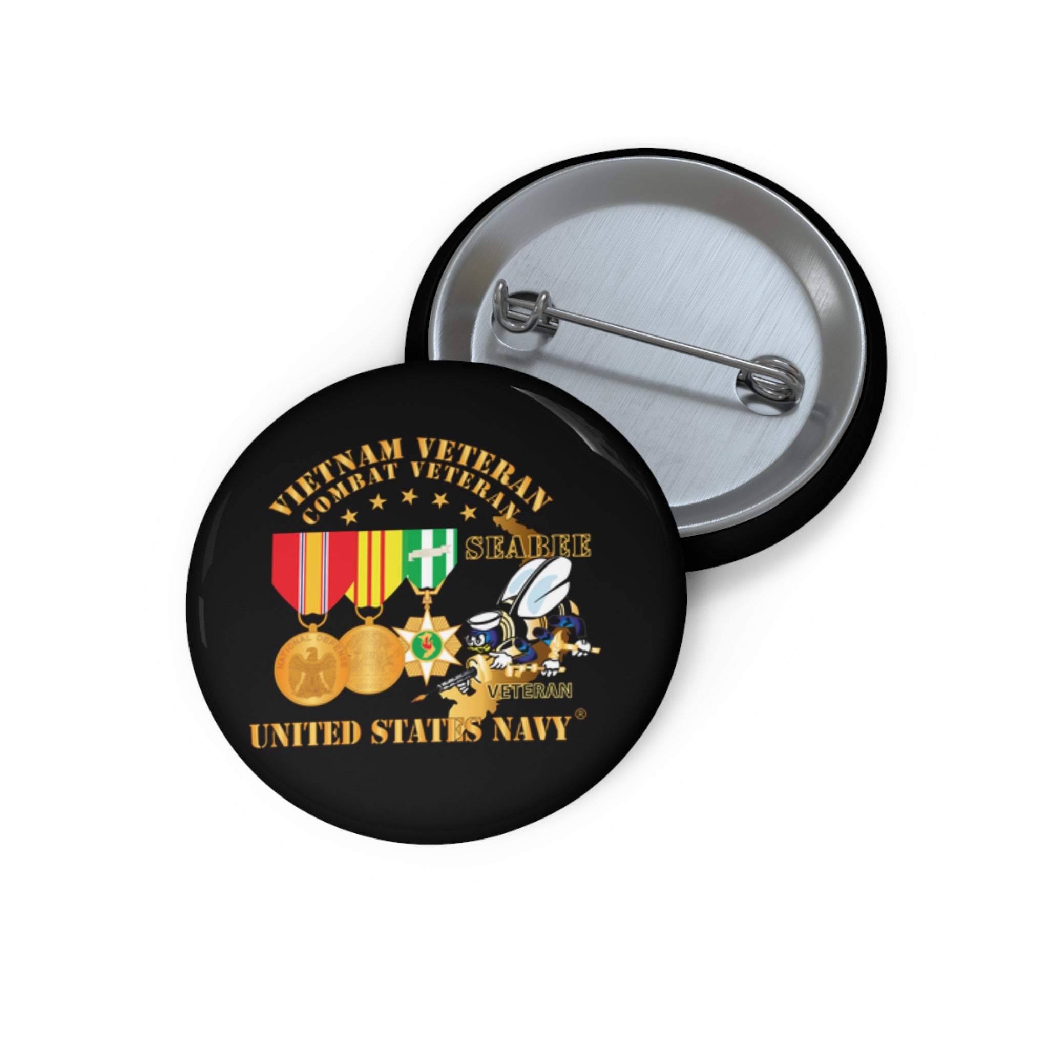 Custom Pin Button - Navy - Vietnam  Veteran - w Medals - VN - Seabee