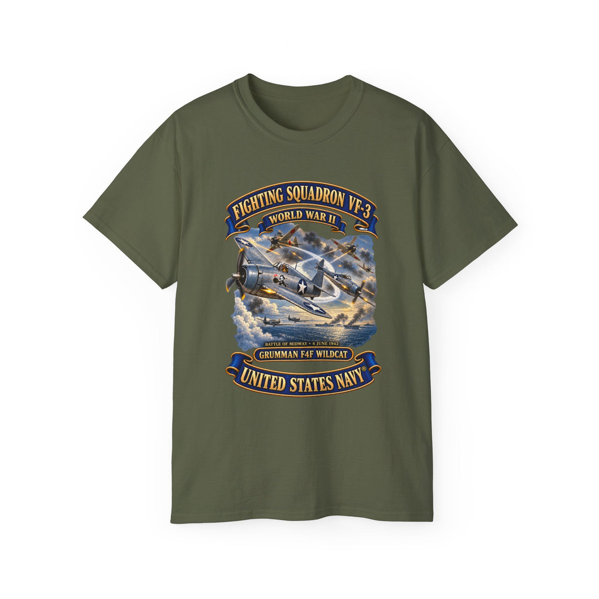 Unisex Ultra Cotton T-Shirt - Navy - Fighting Squadron - VF 3 - WWII - Grumman F4F Wildcats - Japanese Zeros - Battle of Midway - 3D - Enhanced