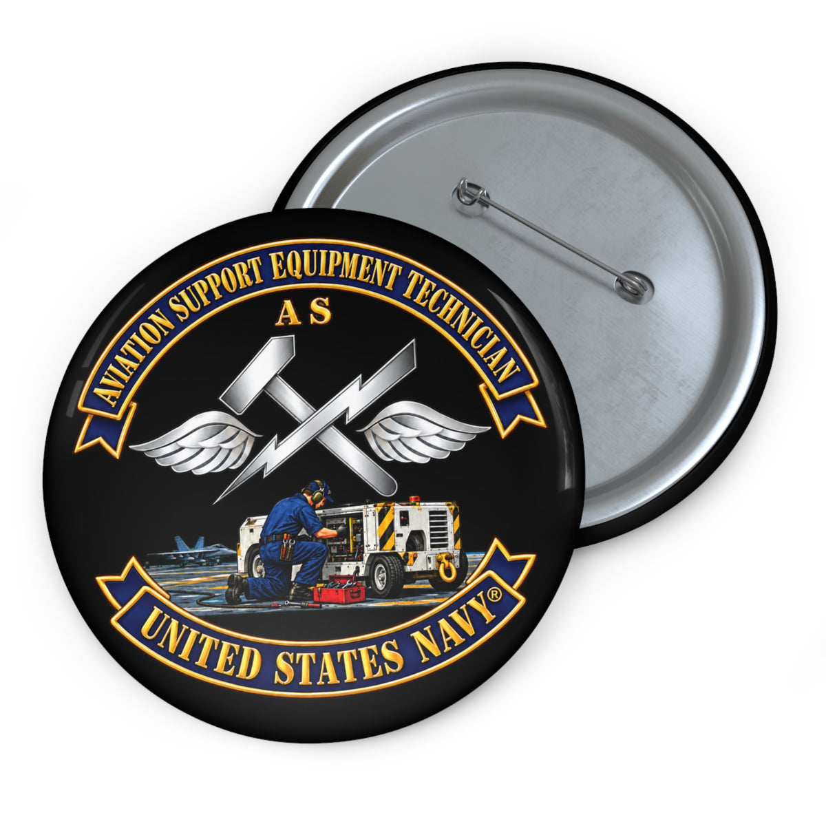 Pin Button - Navy - Rate - Aviation Support Equipment Technician (AS) with Scene - 3D - Enhanced