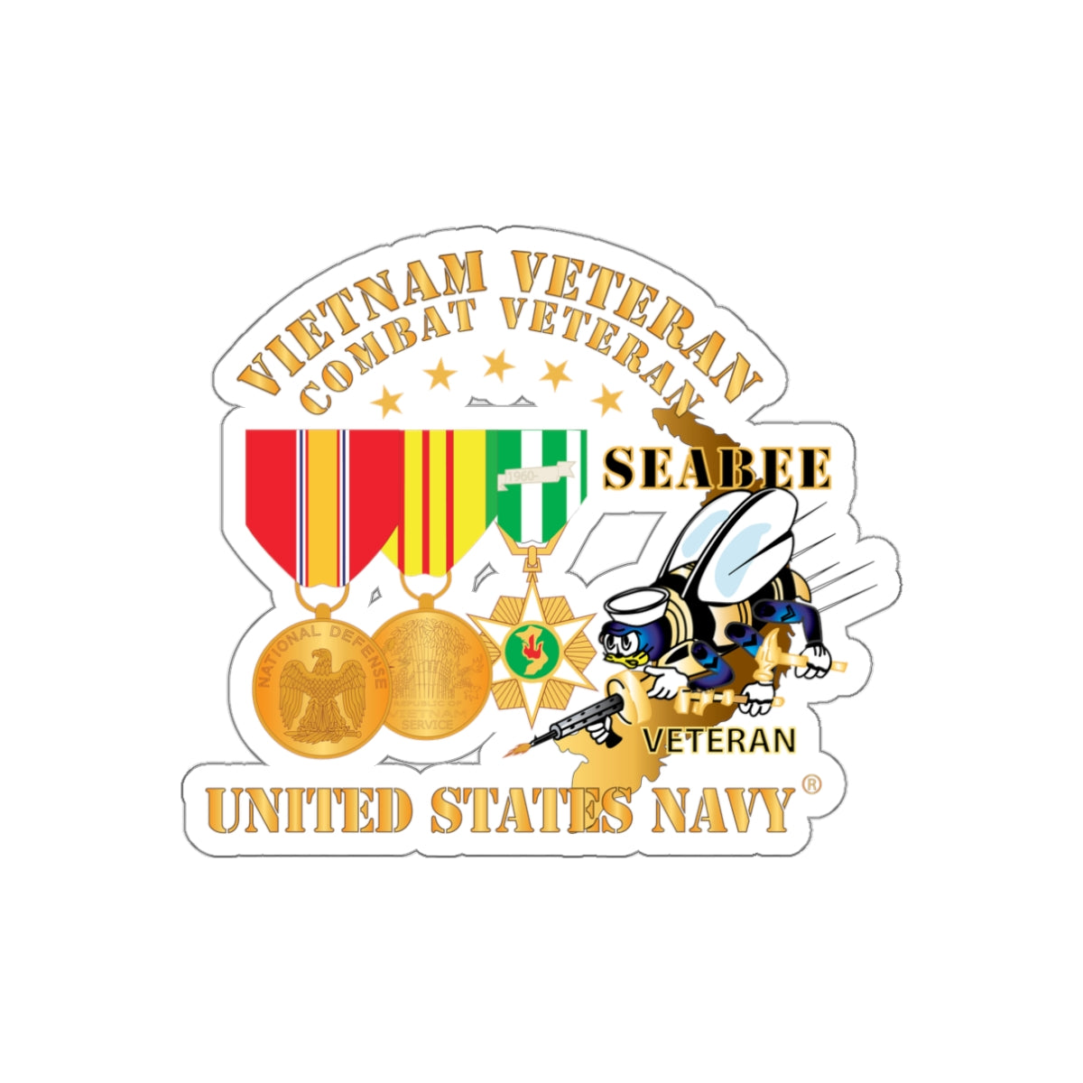 Die-Cut Vinyl Sticker - Navy - Vietnam  Veteran - w Medals - VN - Seabee