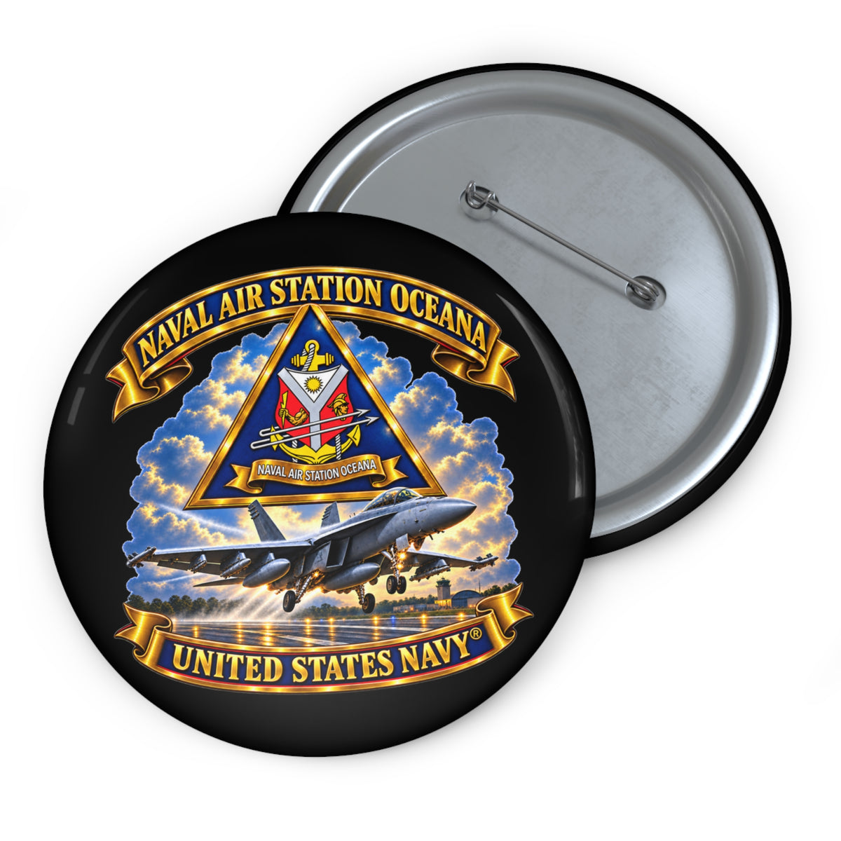 Pin Button - Navy - Naval Air Station Oceana - Crest with Aircraft - United States Navy - 3D - Enhanced