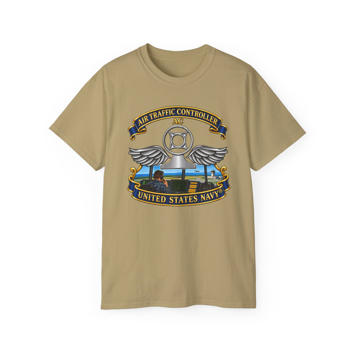 Unisex Ultra Cotton T-Shirt - Navy - Rate - Air Traffic Controller (AC) - with Scene - 3D - Enhanced