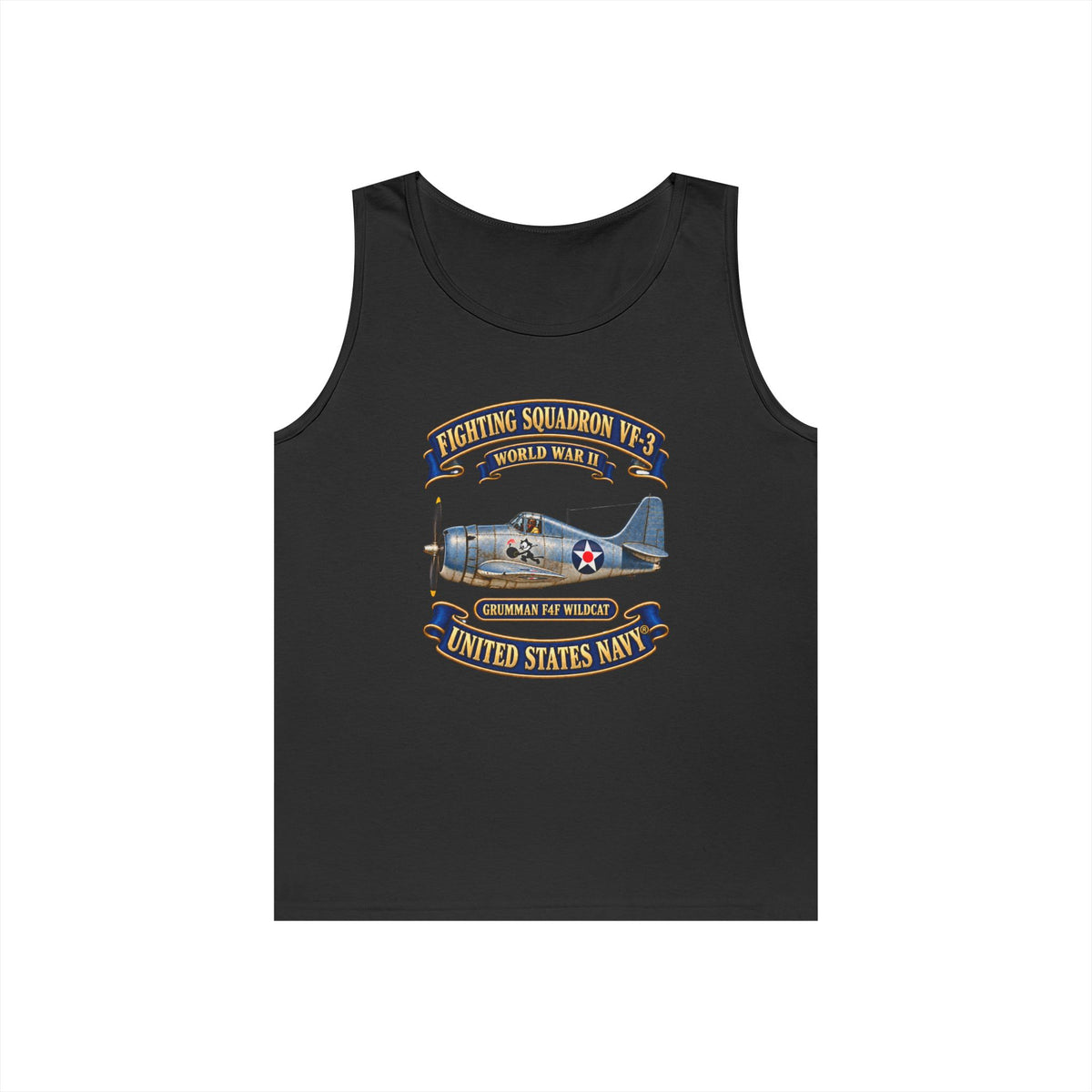 Unisex Heavy Cotton Tank Top - NAVY - Fighting Squadron - VF 3 - WWII FELIX Insignia - Grumman F4F Wildcat - 3D - Enhanced