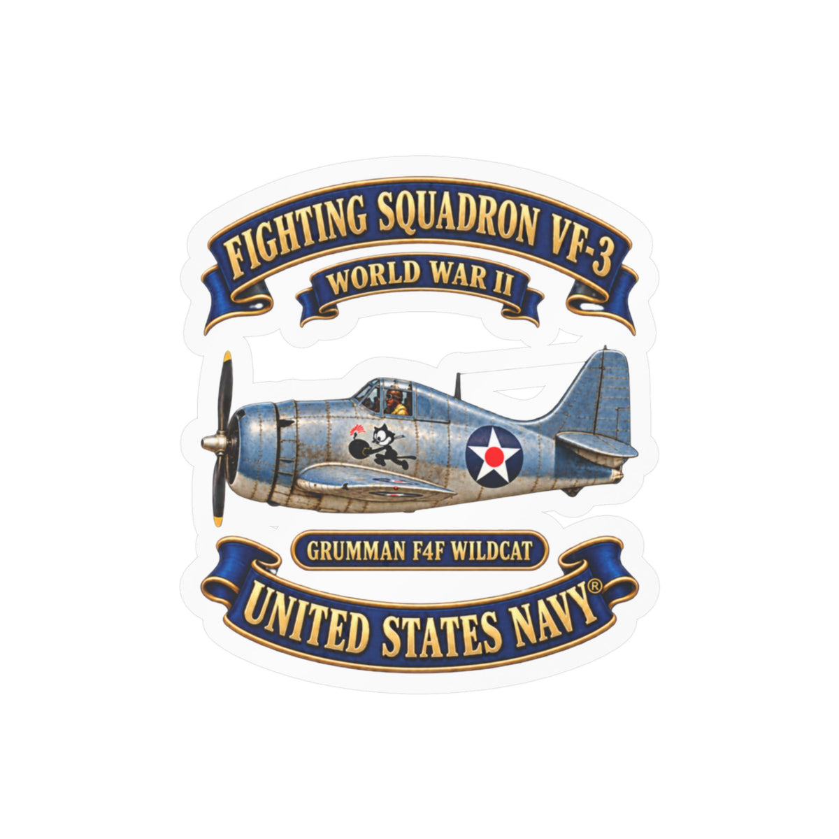 Kiss-Cut Vinyl Decal - NAVY - Fighting Squadron - VF 3 - WWII FELIX Insignia - Grumman F4F Wildcat - 3D - Enhanced