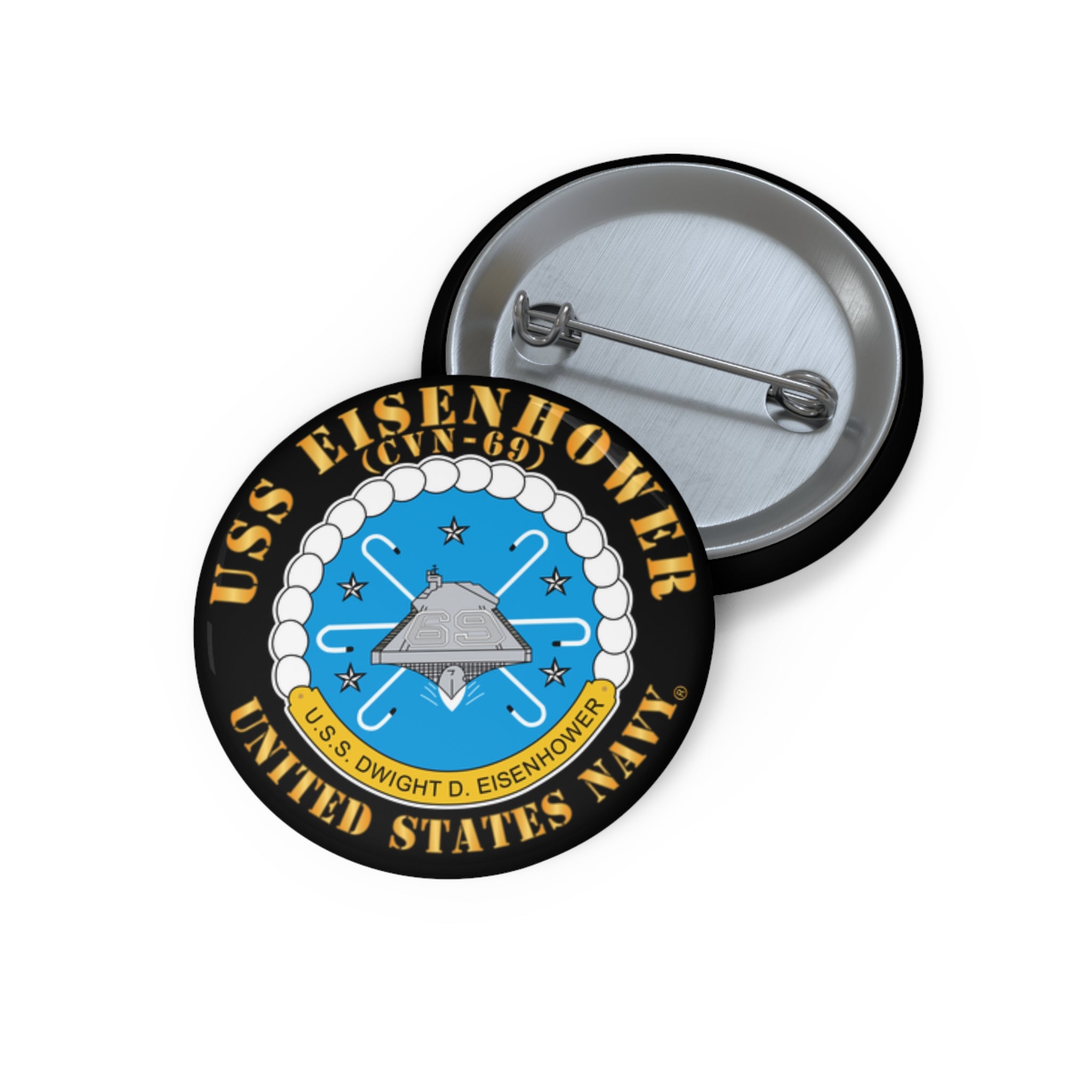 Custom Pin Button - USS Dwight D. Eisenhower (CVN-69) Crest with Txt