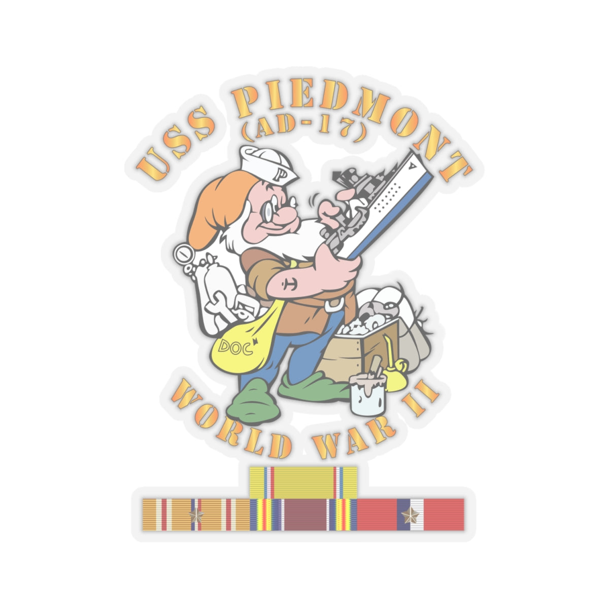 Kiss-Cut Stickers - Navy - USS Piedmont (AD-17) w PAC SVC WWII