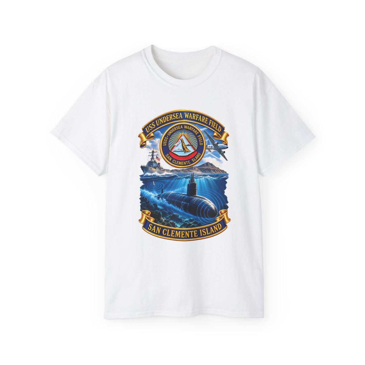 Unisex Ultra Cotton T-Shirt - NAVY - USS Undersea Warfare Field - San Clemente Island - Crest - w scene - 3D - Enhanced