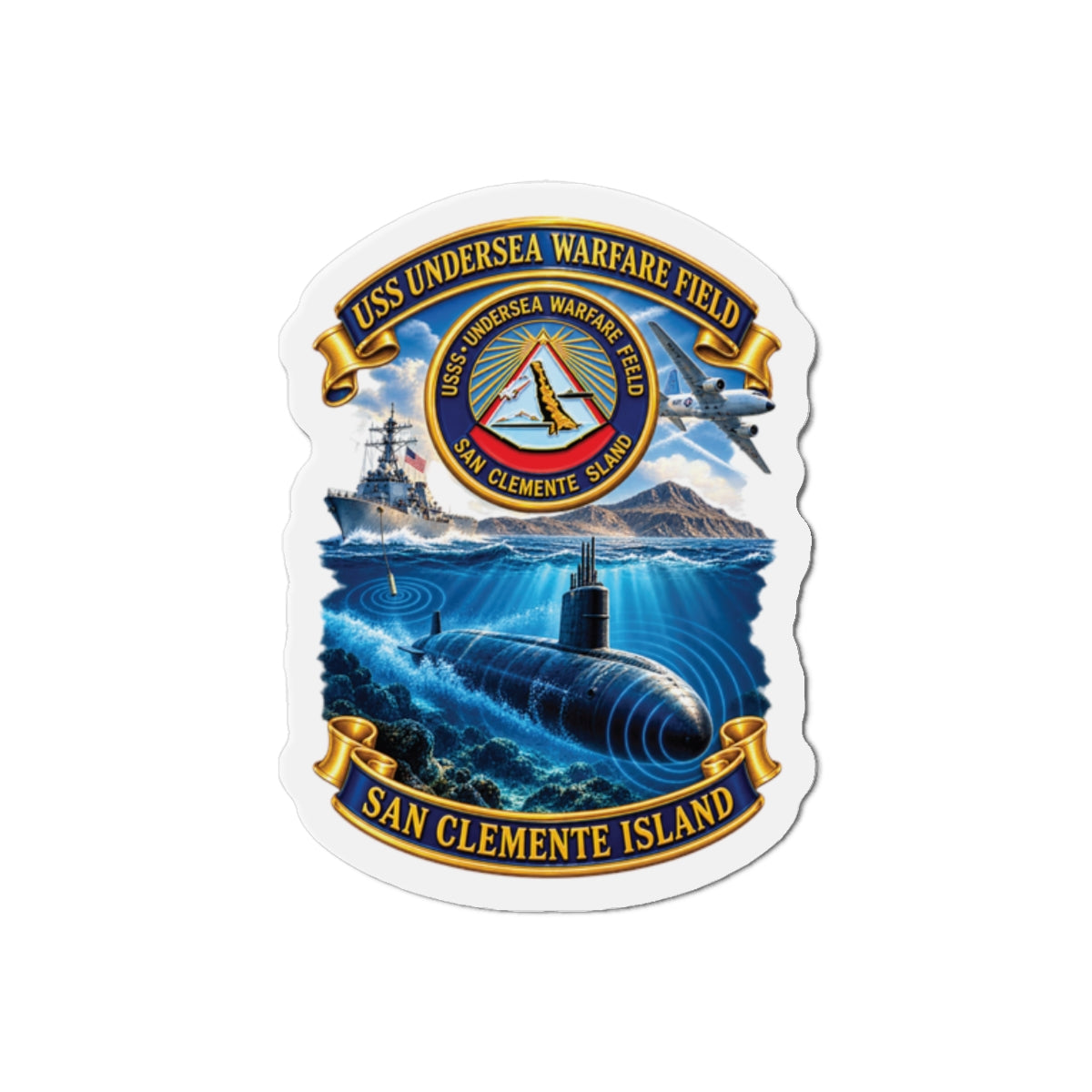 Die-Cut Magnet - NAVY - USS Undersea Warfare Field - San Clemente Island - Crest - w scene - 3D - Enhanced